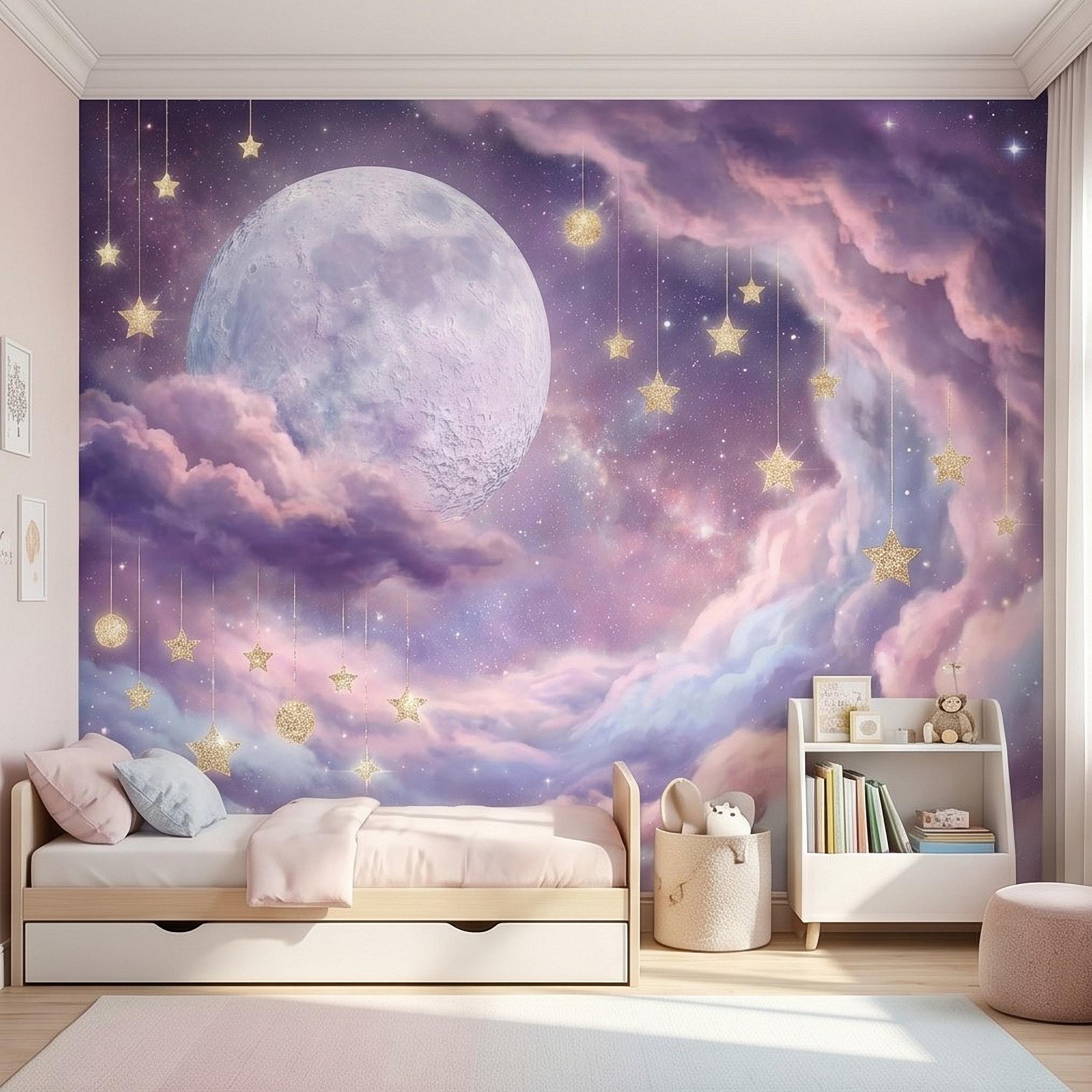 Celestial Moon Peel and Stick Wall Mural, Pink Purple Dreamy Sky with Hanging Stars, Fantasy Nursery Girls Room Wallpaper
