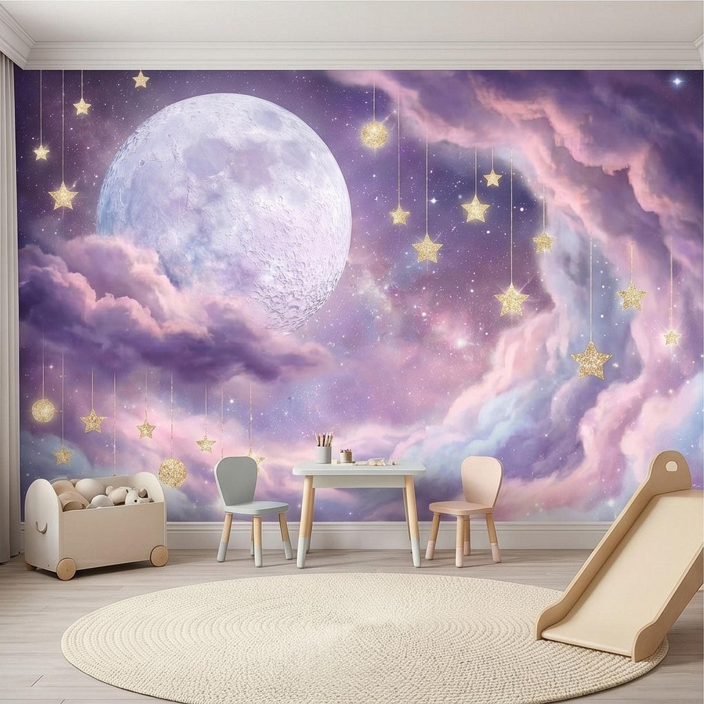 Celestial Moon Peel and Stick Wall Mural, Pink Purple Dreamy Sky with Hanging Stars, Fantasy Nursery Girls Room Wallpaper