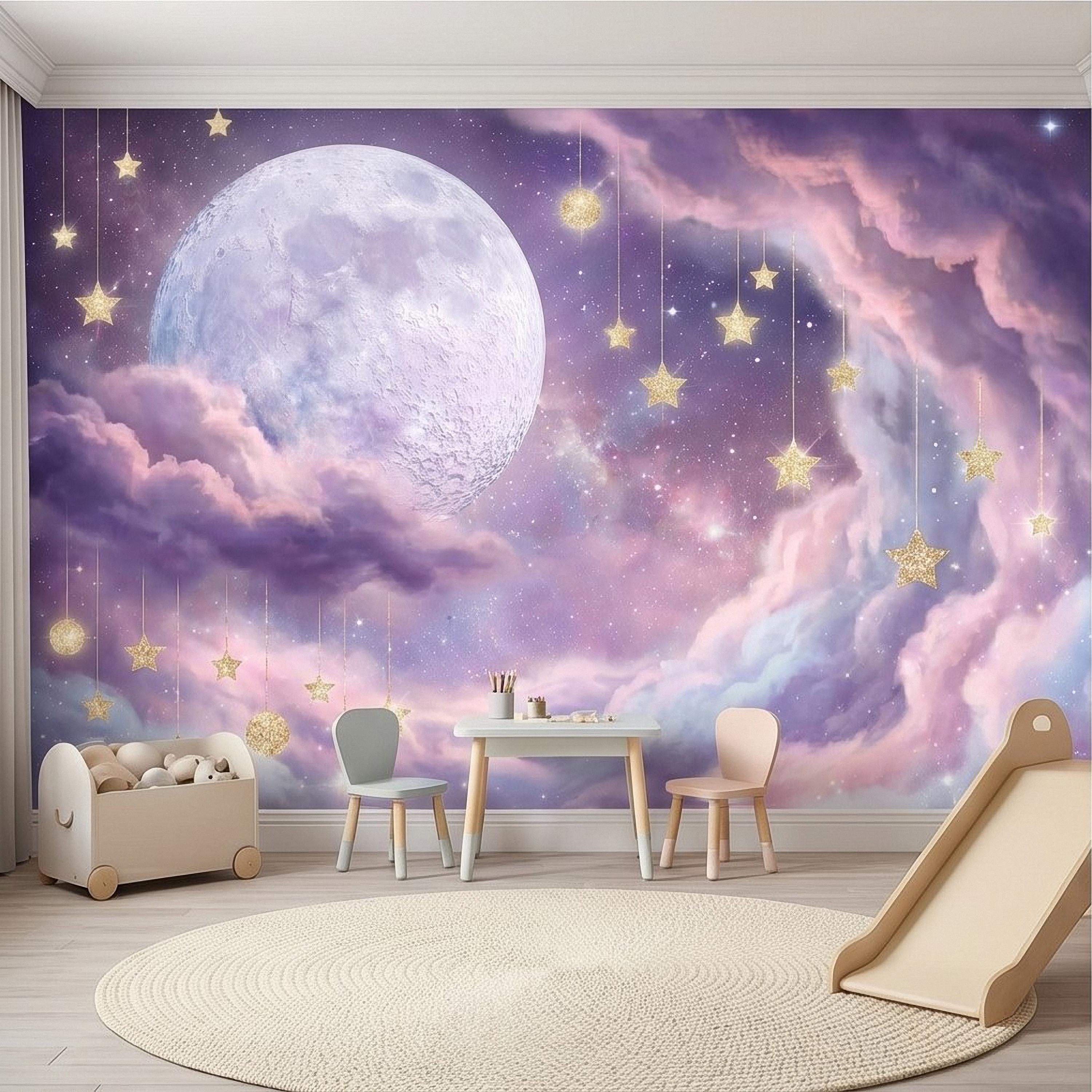 Celestial Moon Peel and Stick Wall Mural, Pink Purple Dreamy Sky with Hanging Stars, Fantasy Nursery Girls Room Wallpaper