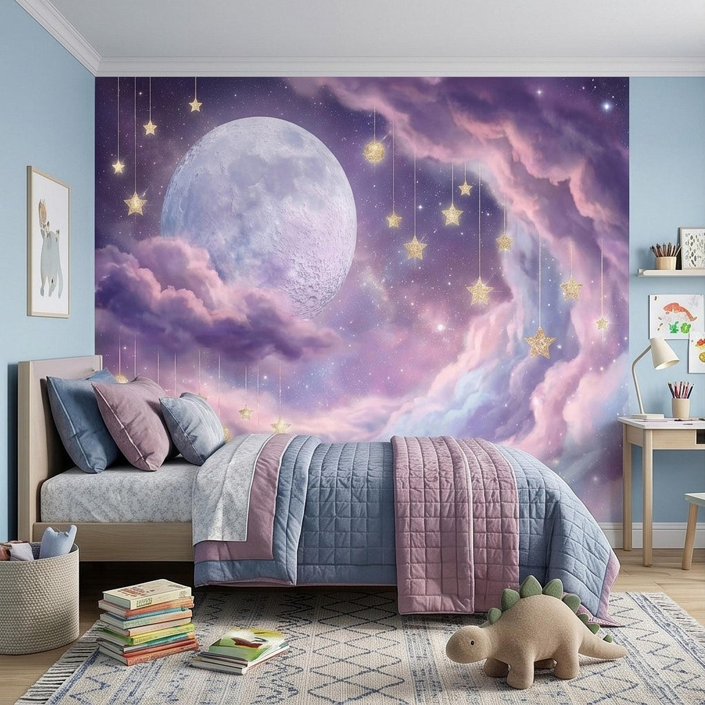 Celestial Moon Peel and Stick Wall Mural, Pink Purple Dreamy Sky with Hanging Stars, Fantasy Nursery Girls Room Wallpaper