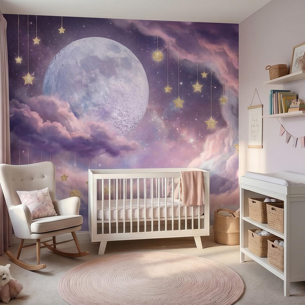 Celestial Moon Peel and Stick Wall Mural, Pink Purple Dreamy Sky with Hanging Stars, Fantasy Nursery Girls Room Wallpaper