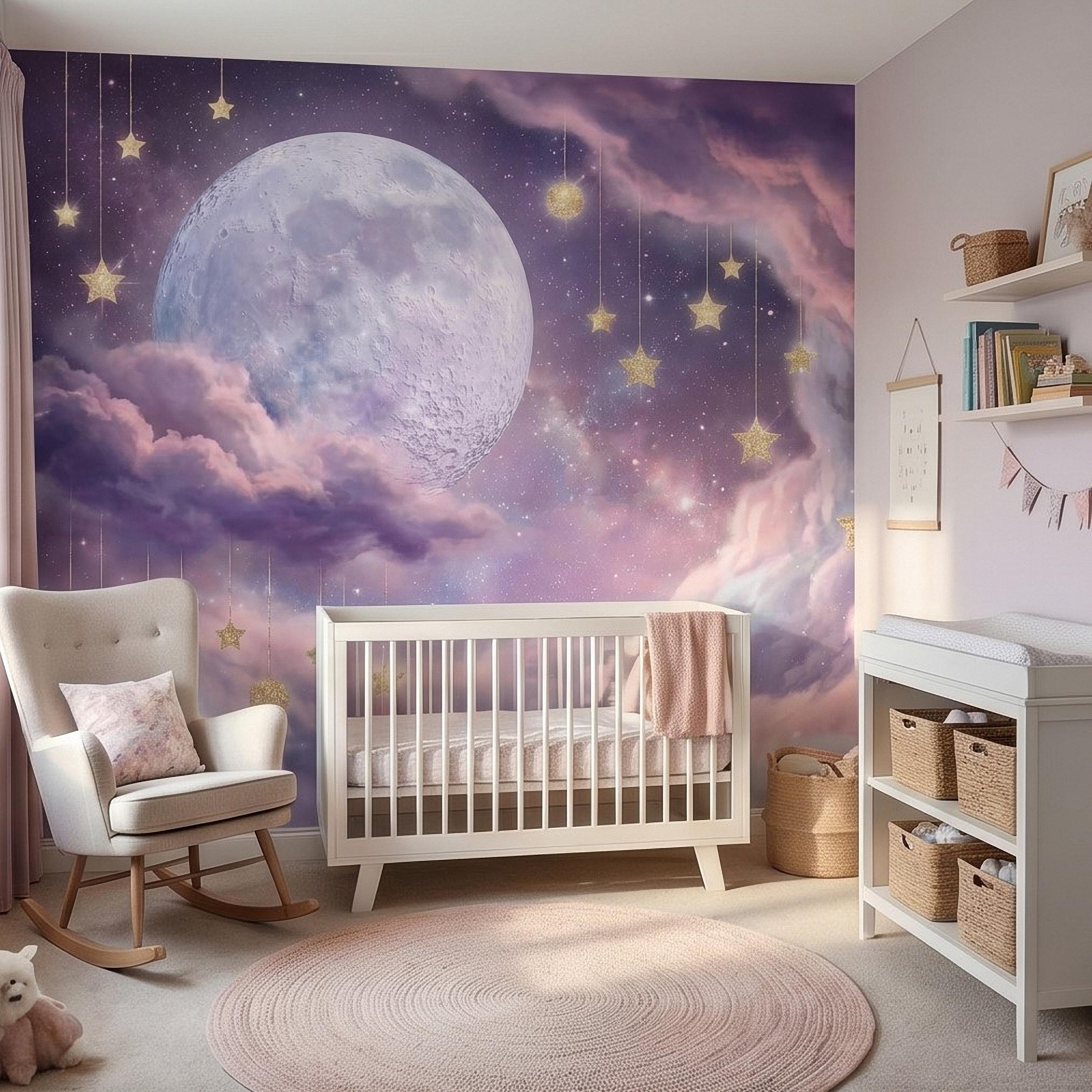 Celestial Moon Peel and Stick Wall Mural, Pink Purple Dreamy Sky with Hanging Stars, Fantasy Nursery Girls Room Wallpaper