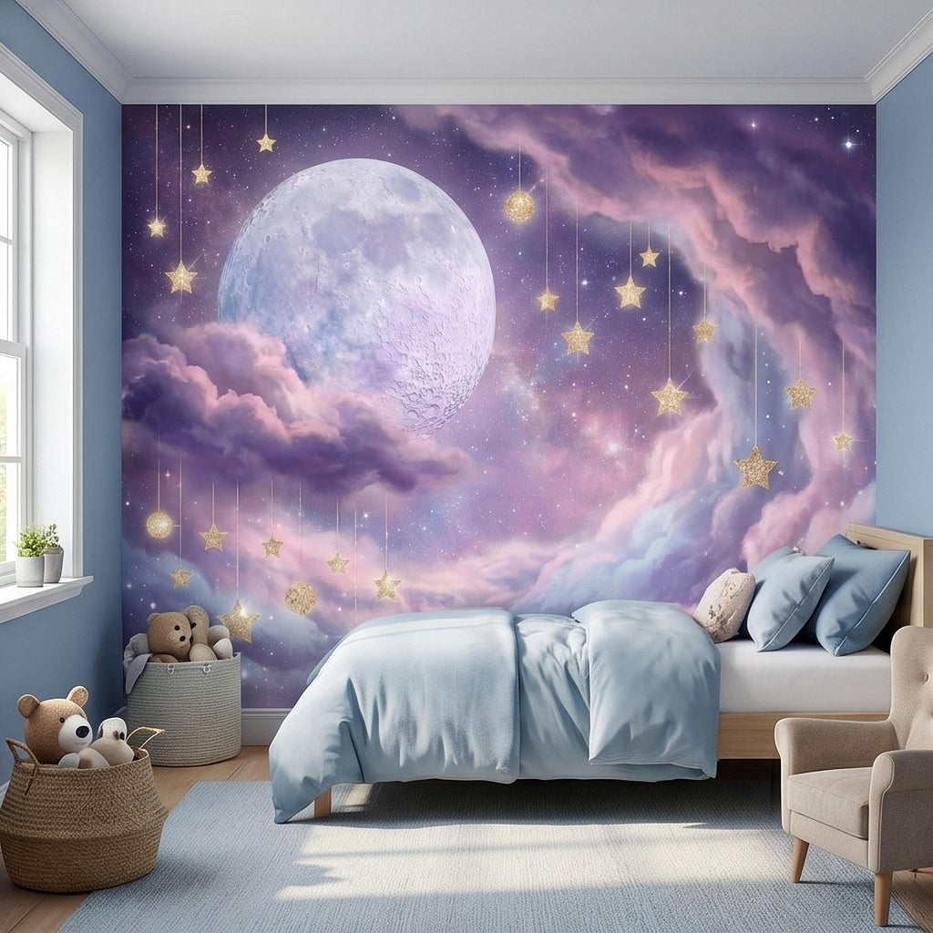 Celestial Moon Peel and Stick Wall Mural, Pink Purple Dreamy Sky with Hanging Stars, Fantasy Nursery Girls Room Wallpaper