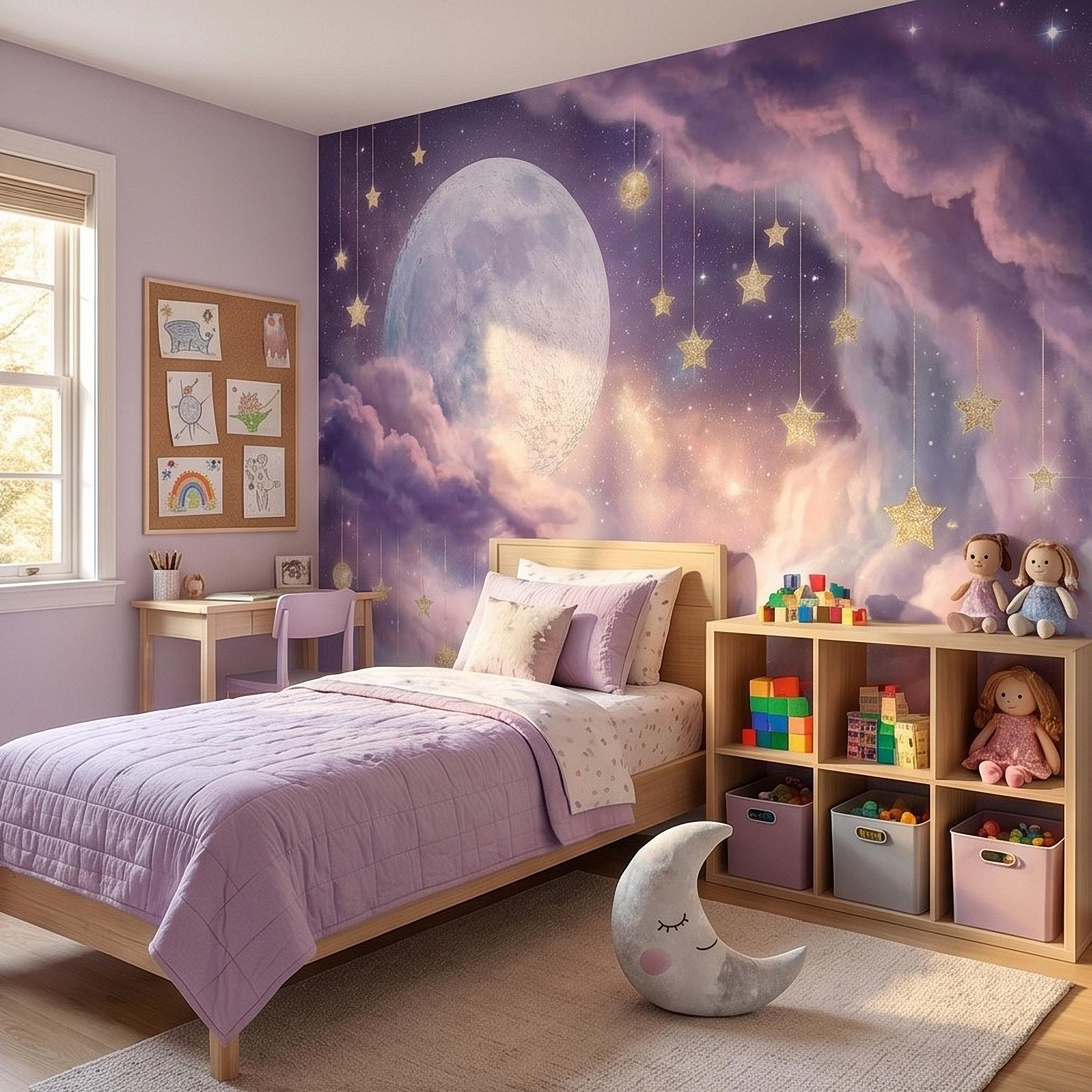 Celestial Moon Peel and Stick Wall Mural, Pink Purple Dreamy Sky with Hanging Stars, Fantasy Nursery Girls Room Wallpaper