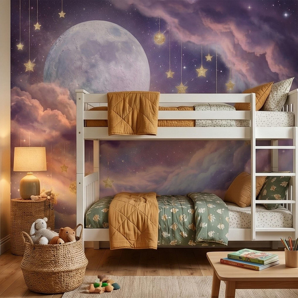 Celestial Moon Peel and Stick Wall Mural, Pink Purple Dreamy Sky with Hanging Stars, Fantasy Nursery Girls Room Wallpaper