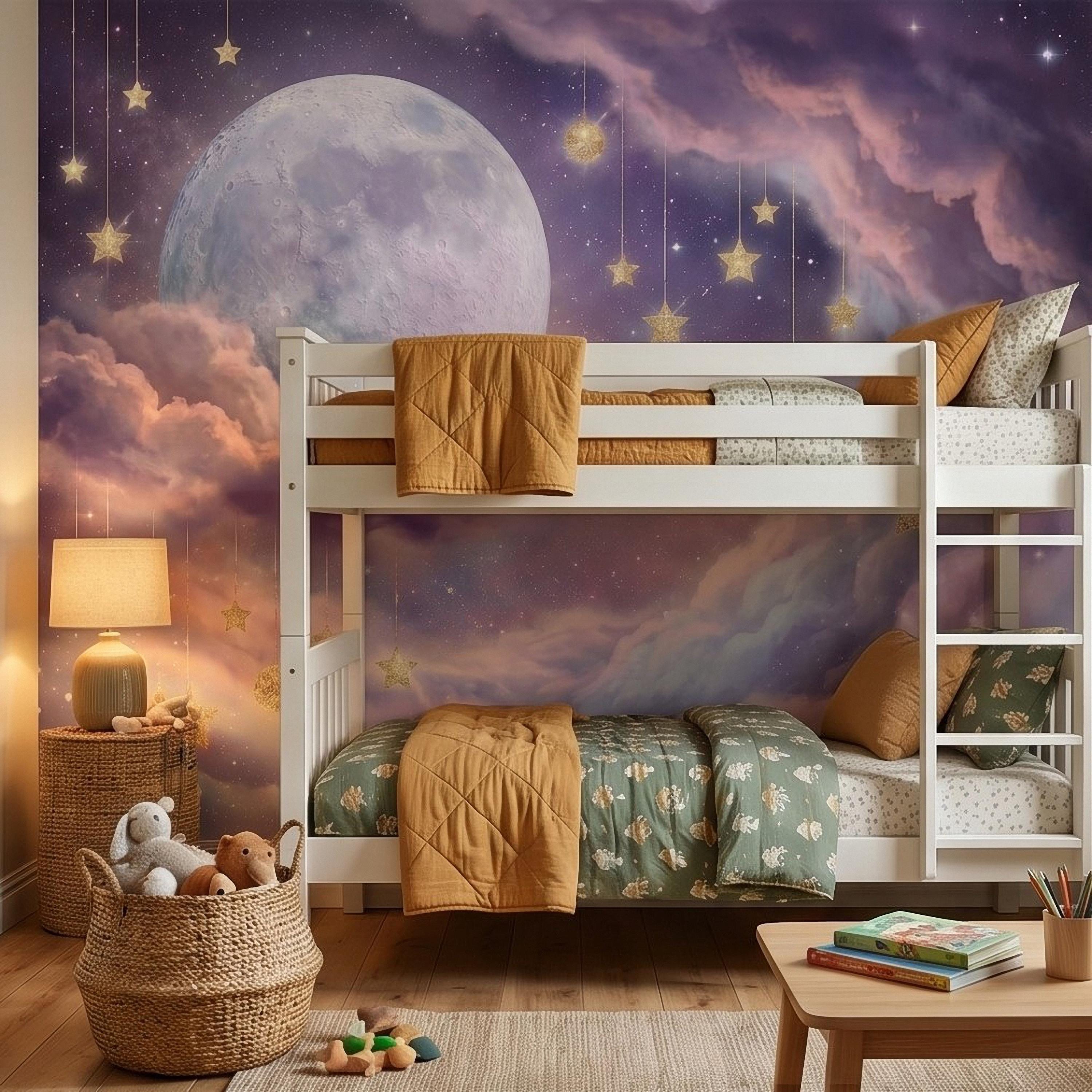 Celestial Moon Peel and Stick Wall Mural, Pink Purple Dreamy Sky with Hanging Stars, Fantasy Nursery Girls Room Wallpaper
