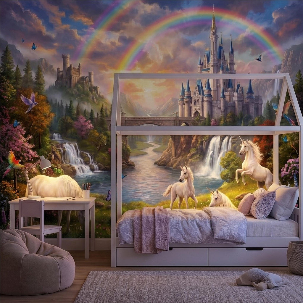 Unicorn Castle Peel and Stick Wall Mural, Rainbow Fairytale Landscape with Waterfalls, Magical Girls Room Nursery Wallpaper