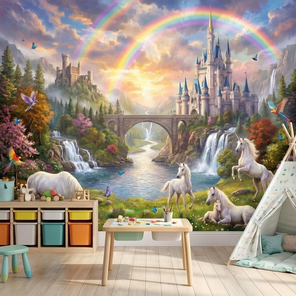 Unicorn Castle Peel and Stick Wall Mural, Rainbow Fairytale Landscape with Waterfalls, Magical Girls Room Nursery Wallpaper