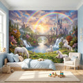 Unicorn Castle Peel and Stick Wall Mural, Rainbow Fairytale Landscape with Waterfalls, Magical Girls Room Nursery Wallpaper