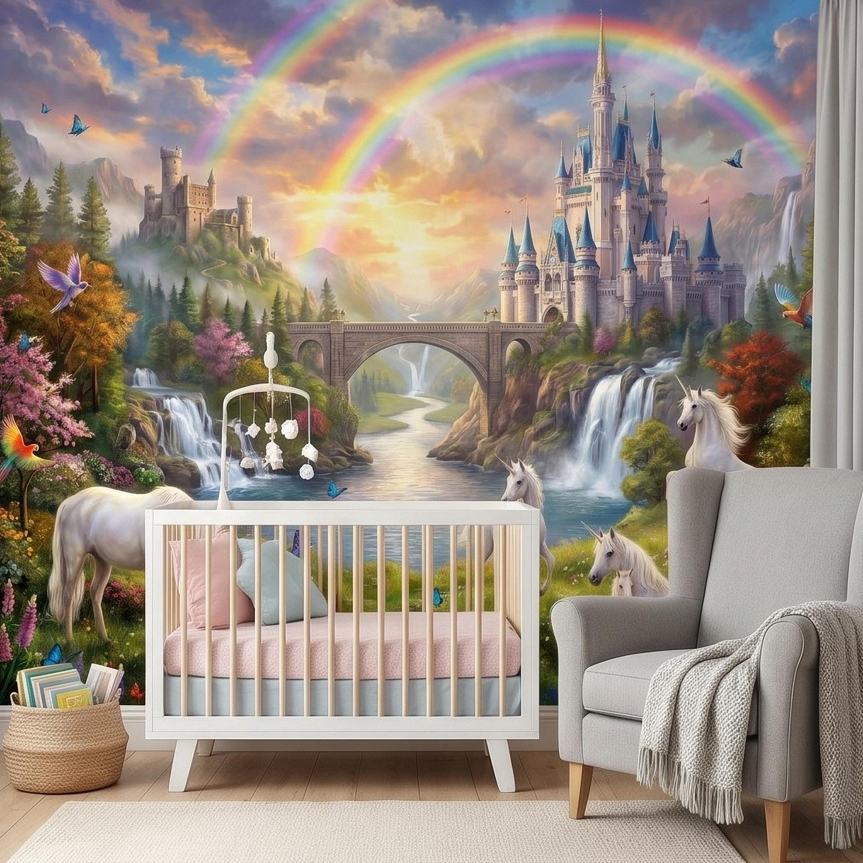 Unicorn Castle Peel and Stick Wall Mural, Rainbow Fairytale Landscape with Waterfalls, Magical Girls Room Nursery Wallpaper