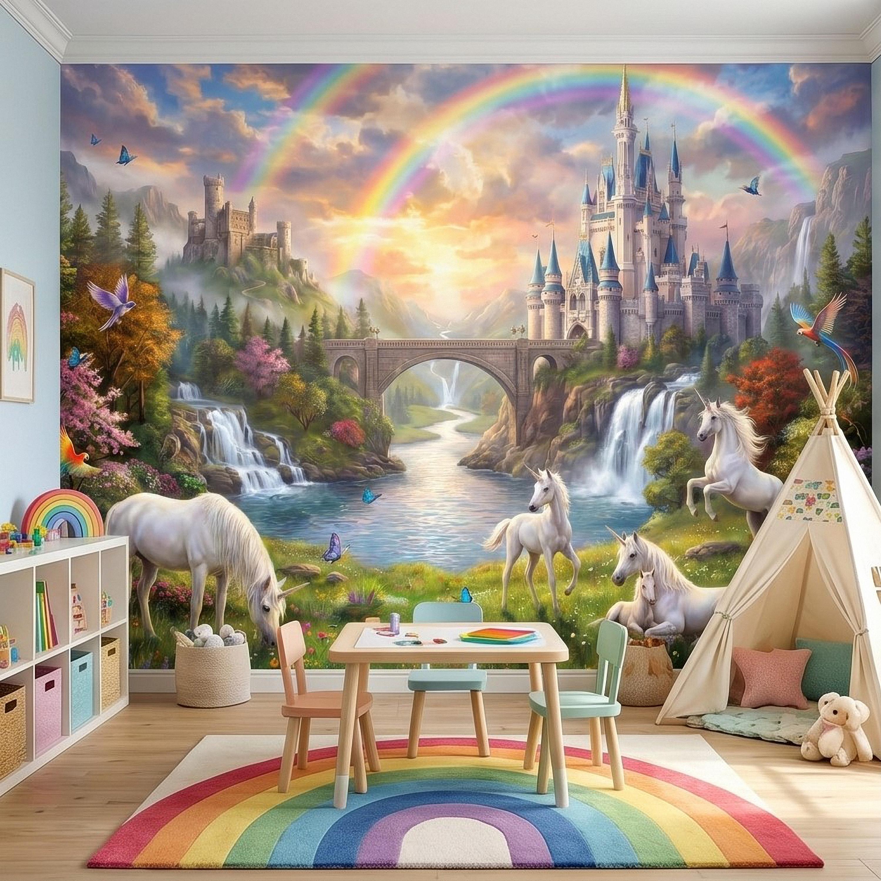 Unicorn Castle Peel and Stick Wall Mural, Rainbow Fairytale Landscape with Waterfalls, Magical Girls Room Nursery Wallpaper
