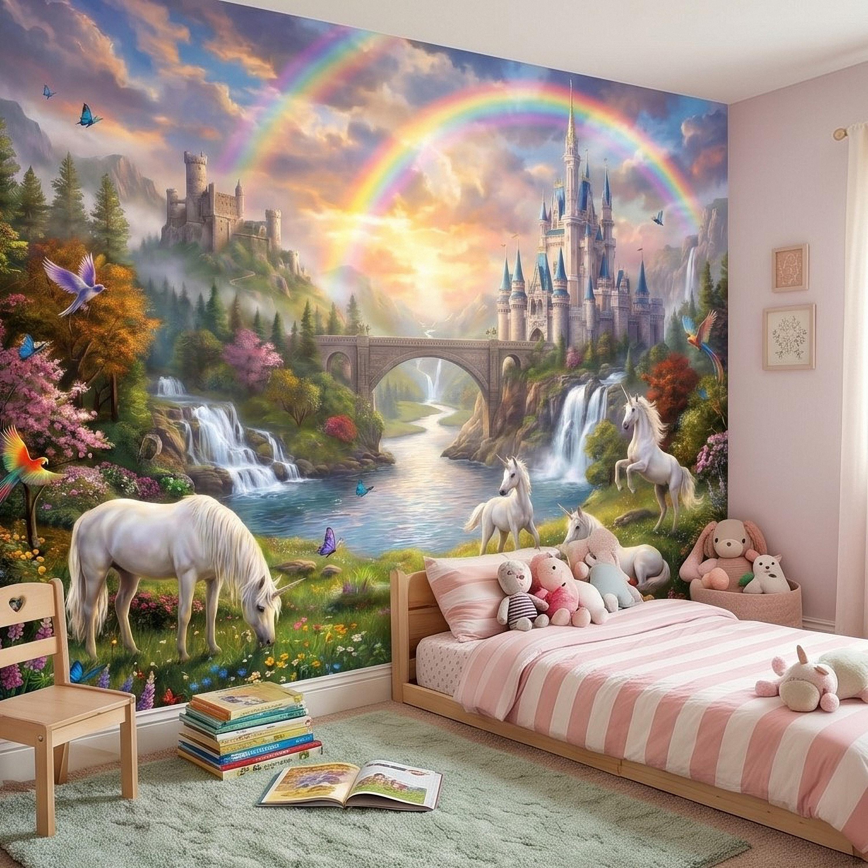 Unicorn Castle Peel and Stick Wall Mural, Rainbow Fairytale Landscape with Waterfalls, Magical Girls Room Nursery Wallpaper