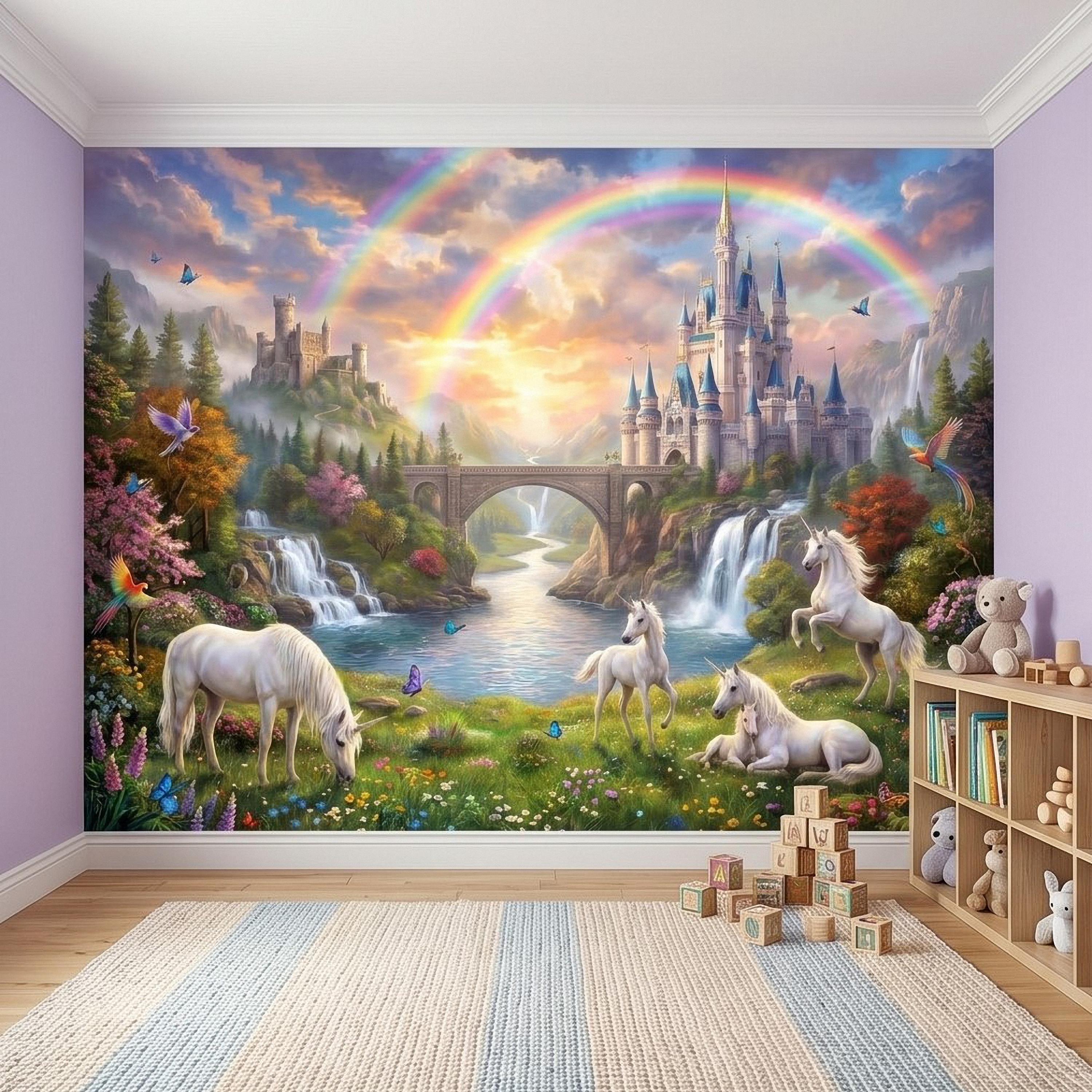 Unicorn Castle Peel and Stick Wall Mural, Rainbow Fairytale Landscape with Waterfalls, Magical Girls Room Nursery Wallpaper