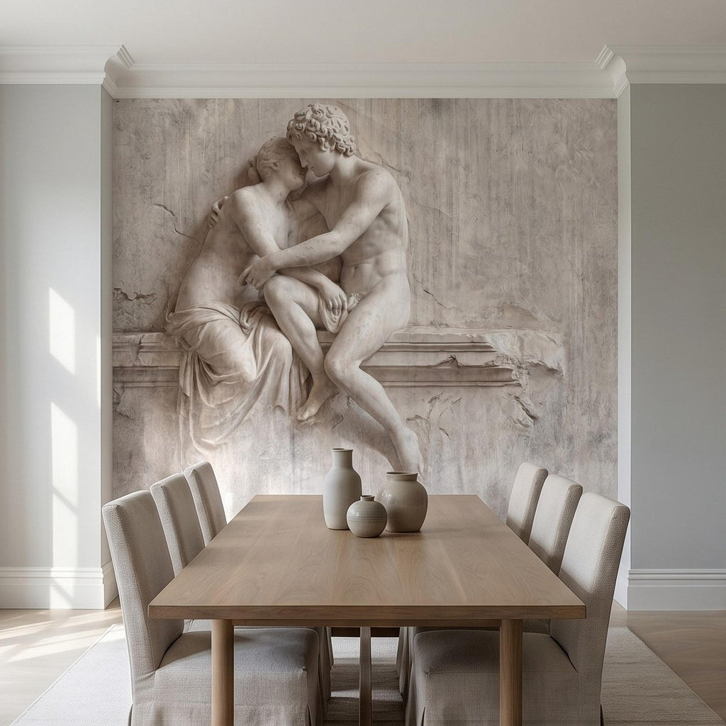 Classical Lovers Peel and Stick Wall Mural, Antique Sculpture Embrace Scene, Romantic European Stone Artwork Vintage Statue Wallpape