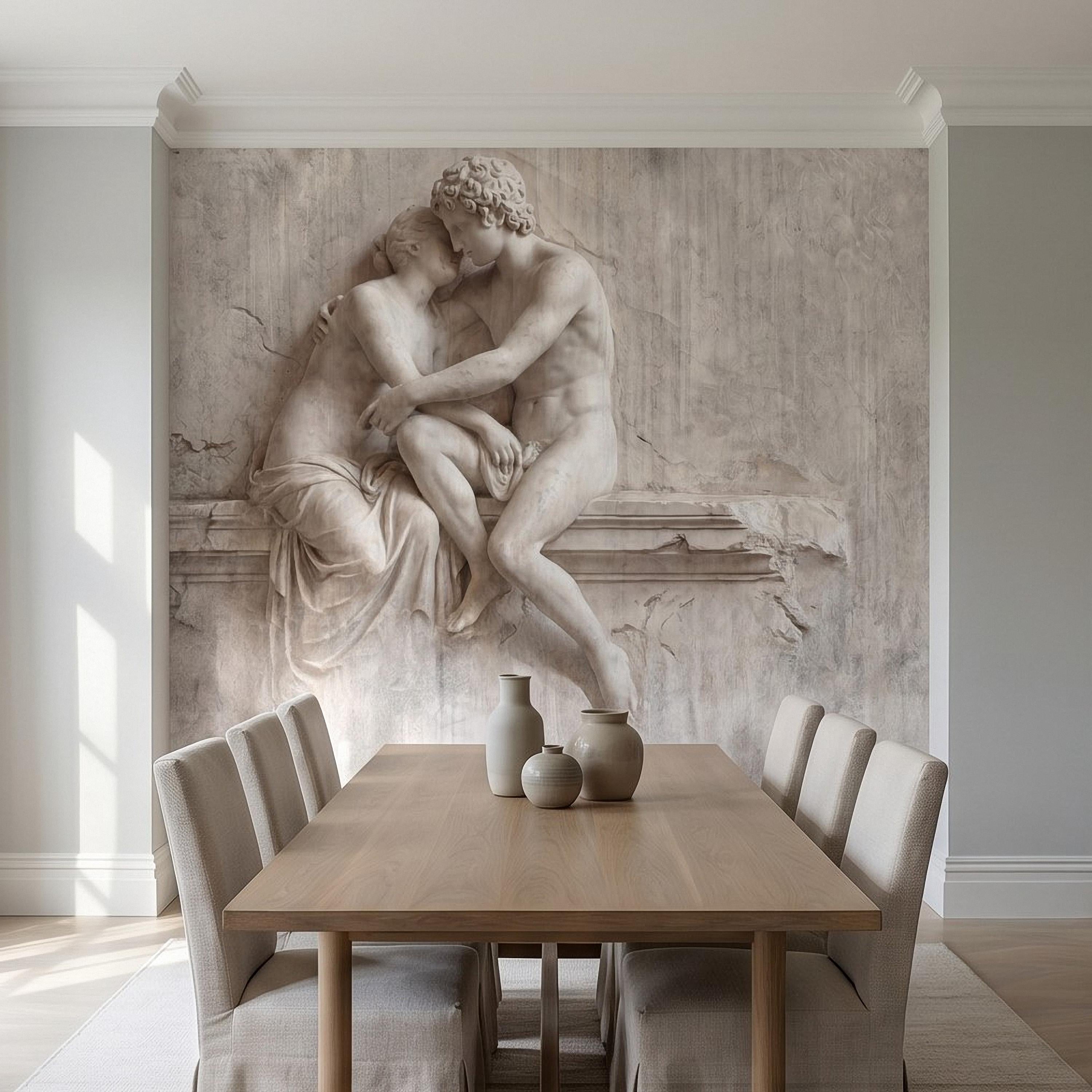 Classical Lovers Peel and Stick Wall Mural, Antique Sculpture Embrace Scene, Romantic European Stone Artwork Vintage Statue Wallpape