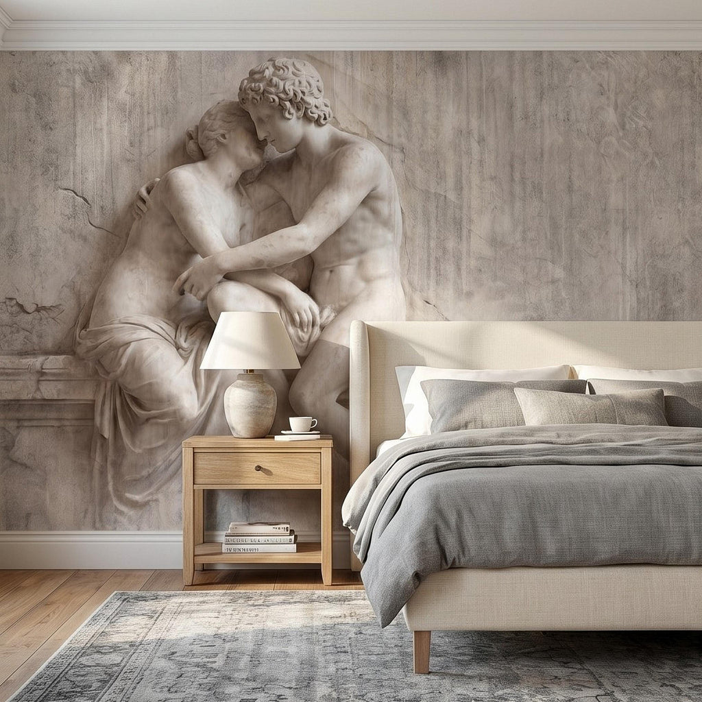 Classical Lovers Peel and Stick Wall Mural, Antique Sculpture Embrace Scene, Romantic European Stone Artwork Vintage Statue Wallpape