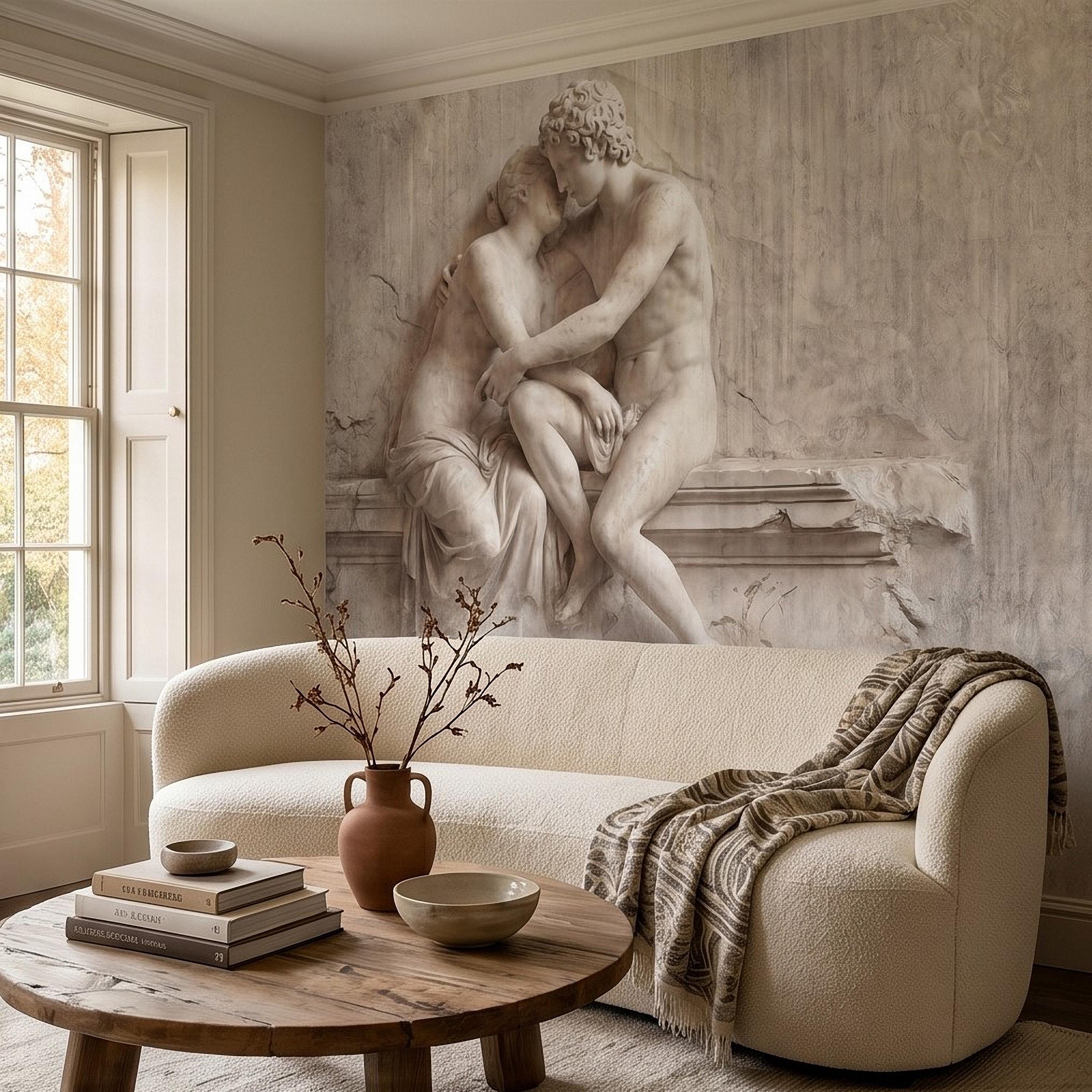 Classical Lovers Peel and Stick Wall Mural, Antique Sculpture Embrace Scene, Romantic European Stone Artwork Vintage Statue Wallpape