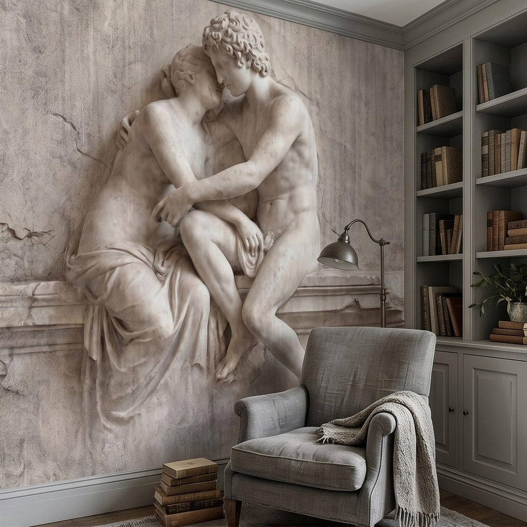 Classical Lovers Peel and Stick Wall Mural, Antique Sculpture Embrace Scene, Romantic European Stone Artwork Vintage Statue Wallpape