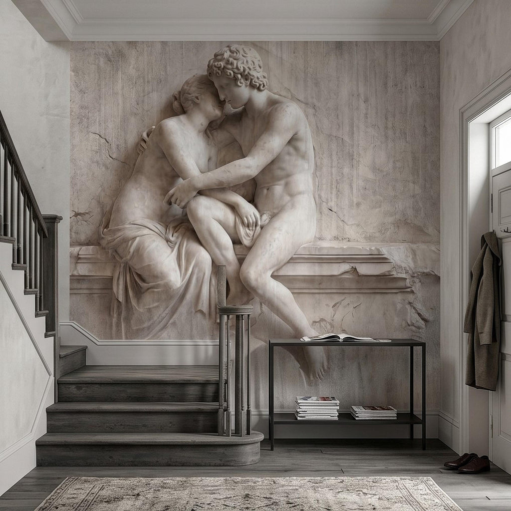 Classical Lovers Peel and Stick Wall Mural, Antique Sculpture Embrace Scene, Romantic European Stone Artwork Vintage Statue Wallpape