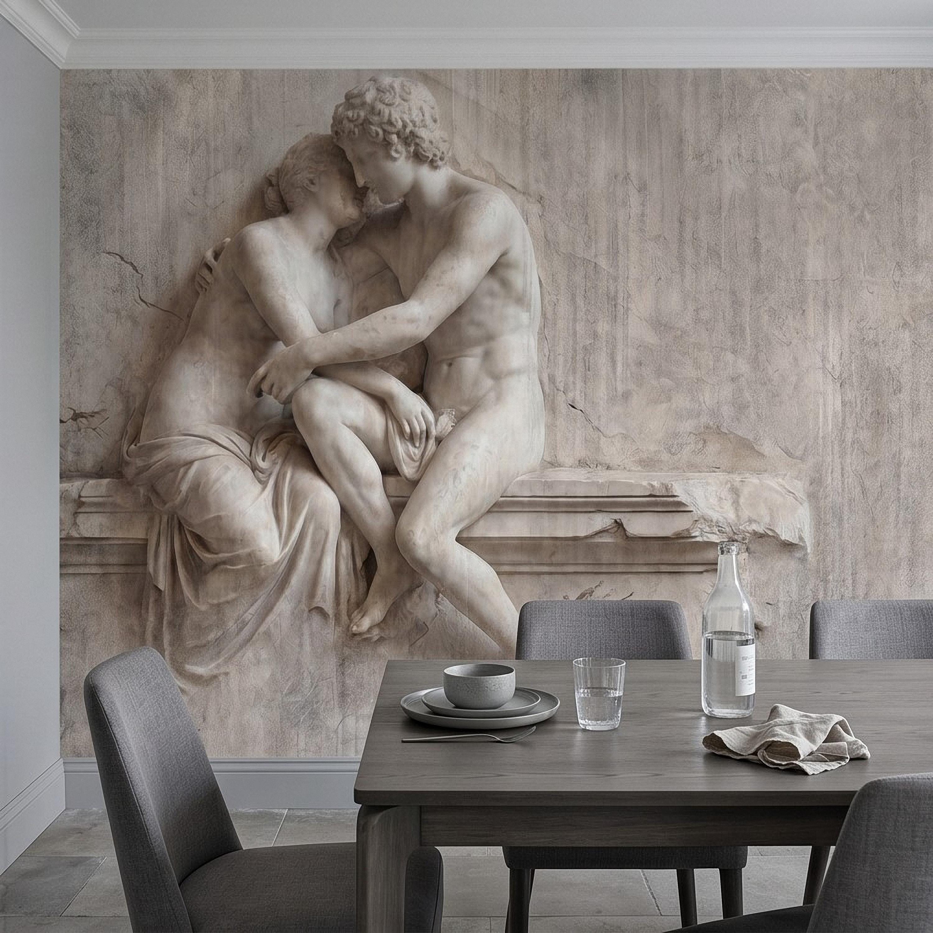 Classical Lovers Peel and Stick Wall Mural, Antique Sculpture Embrace Scene, Romantic European Stone Artwork Vintage Statue Wallpape