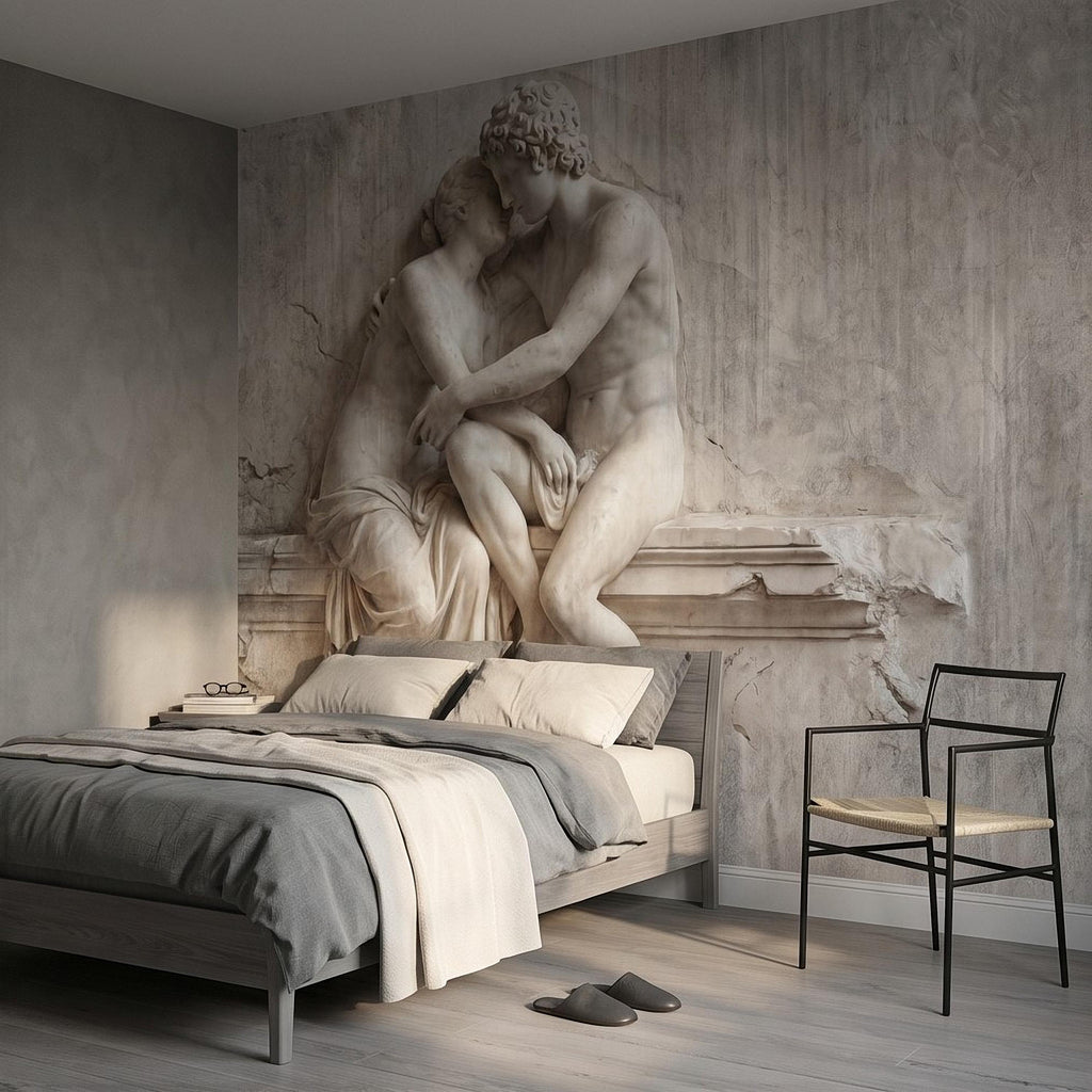 Classical Lovers Peel and Stick Wall Mural, Antique Sculpture Embrace Scene, Romantic European Stone Artwork Vintage Statue Wallpape