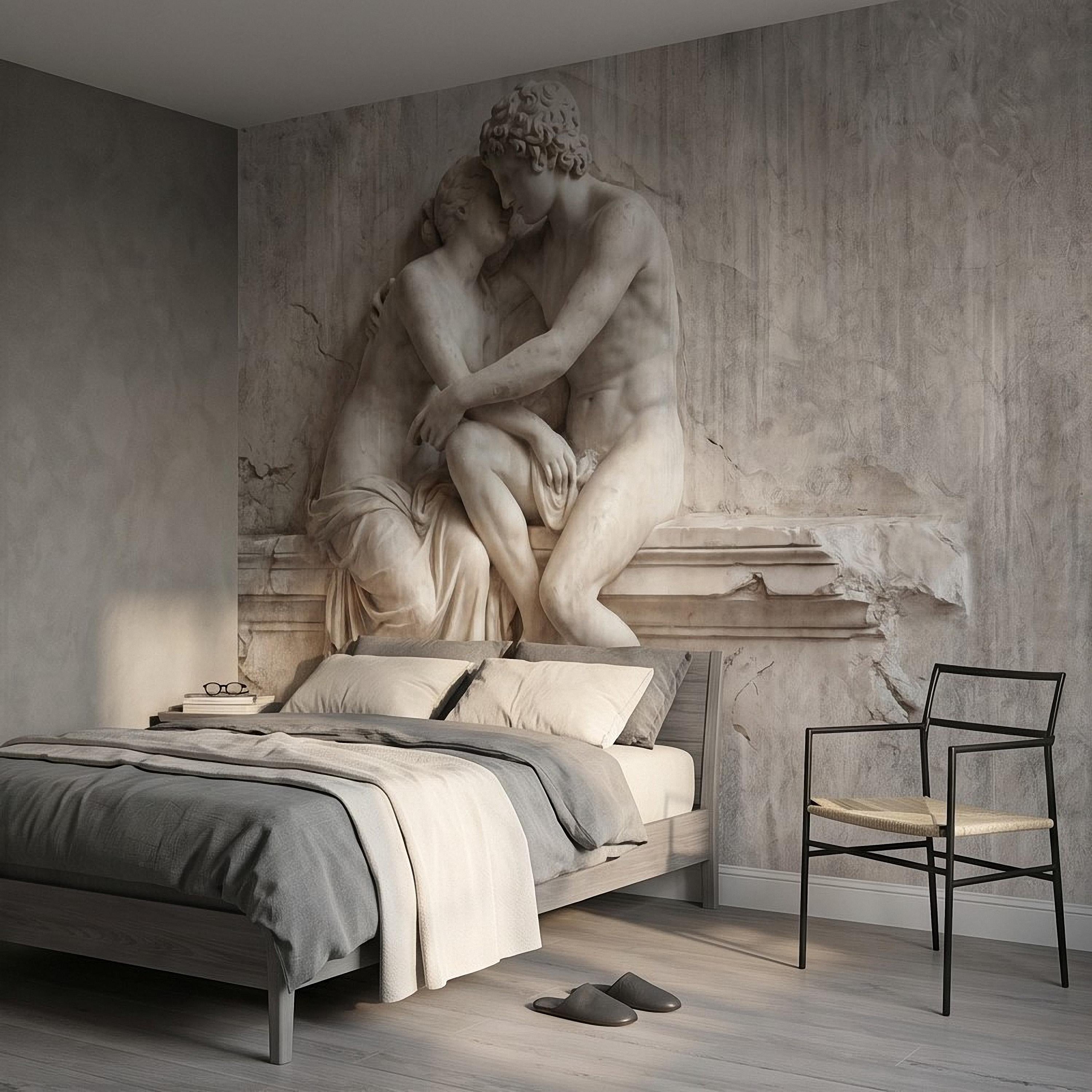 Classical Lovers Peel and Stick Wall Mural, Antique Sculpture Embrace Scene, Romantic European Stone Artwork Vintage Statue Wallpape