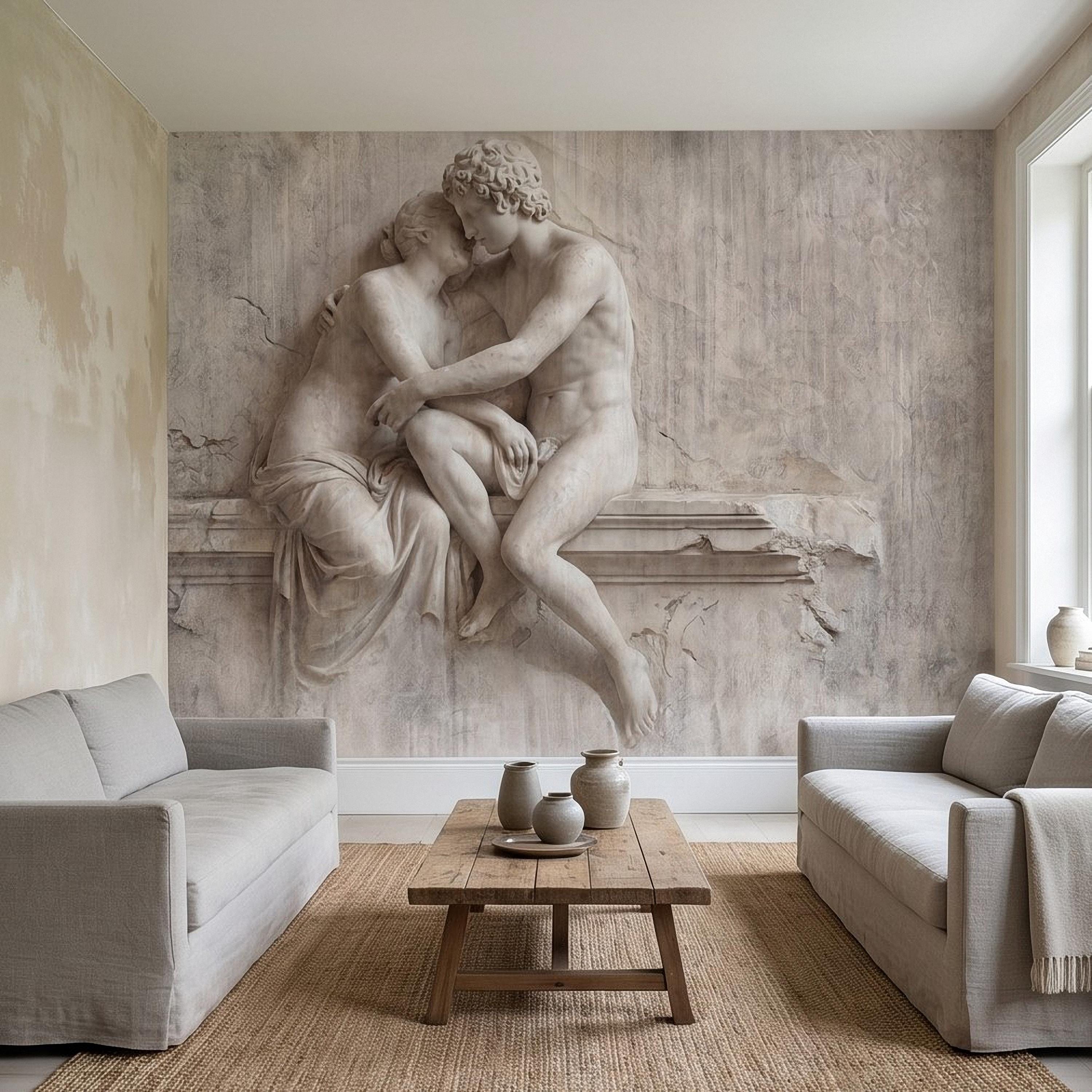 Classical Lovers Peel and Stick Wall Mural, Antique Sculpture Embrace Scene, Romantic European Stone Artwork Vintage Statue Wallpape
