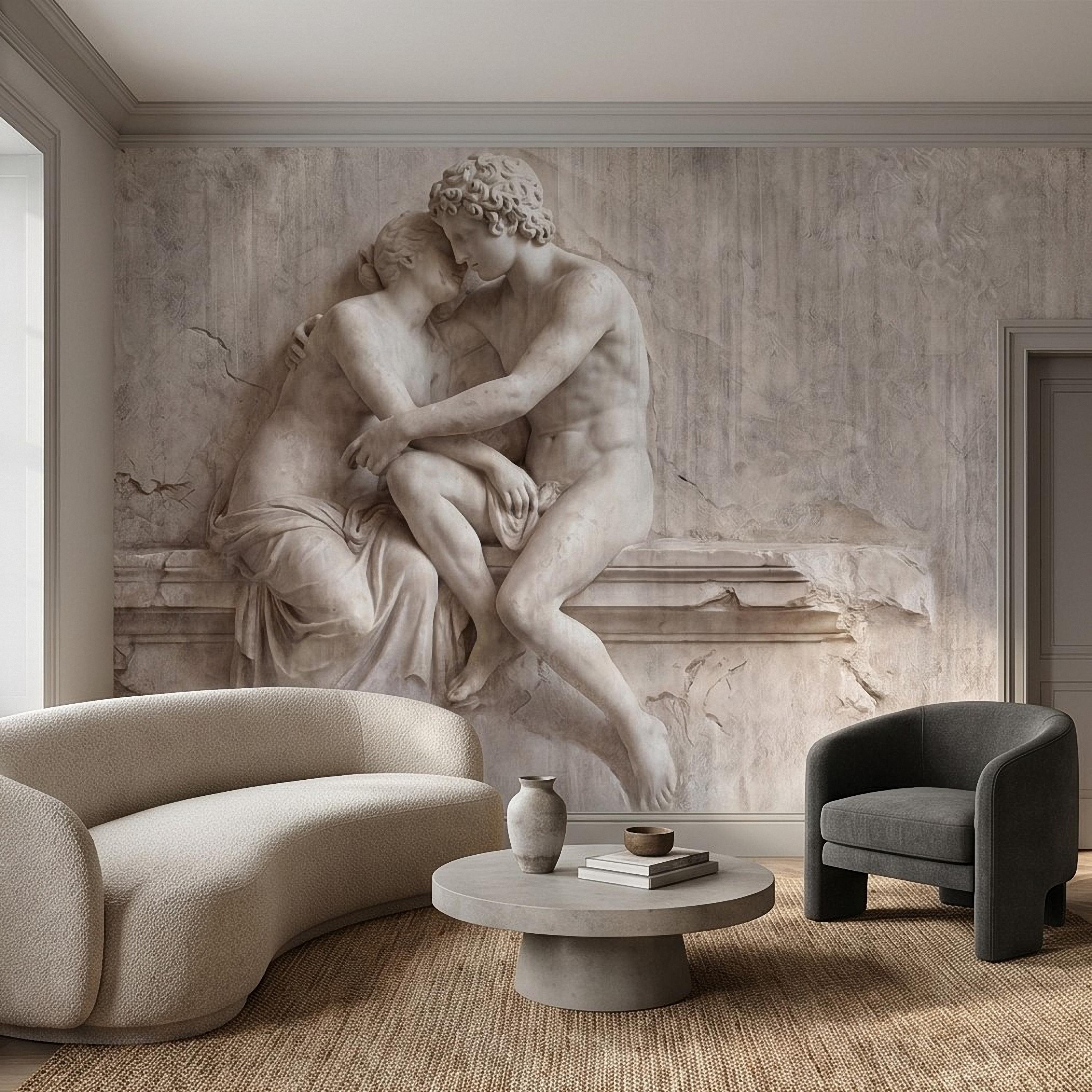 Classical Lovers Peel and Stick Wall Mural, Antique Sculpture Embrace Scene, Romantic European Stone Artwork Vintage Statue Wallpape
