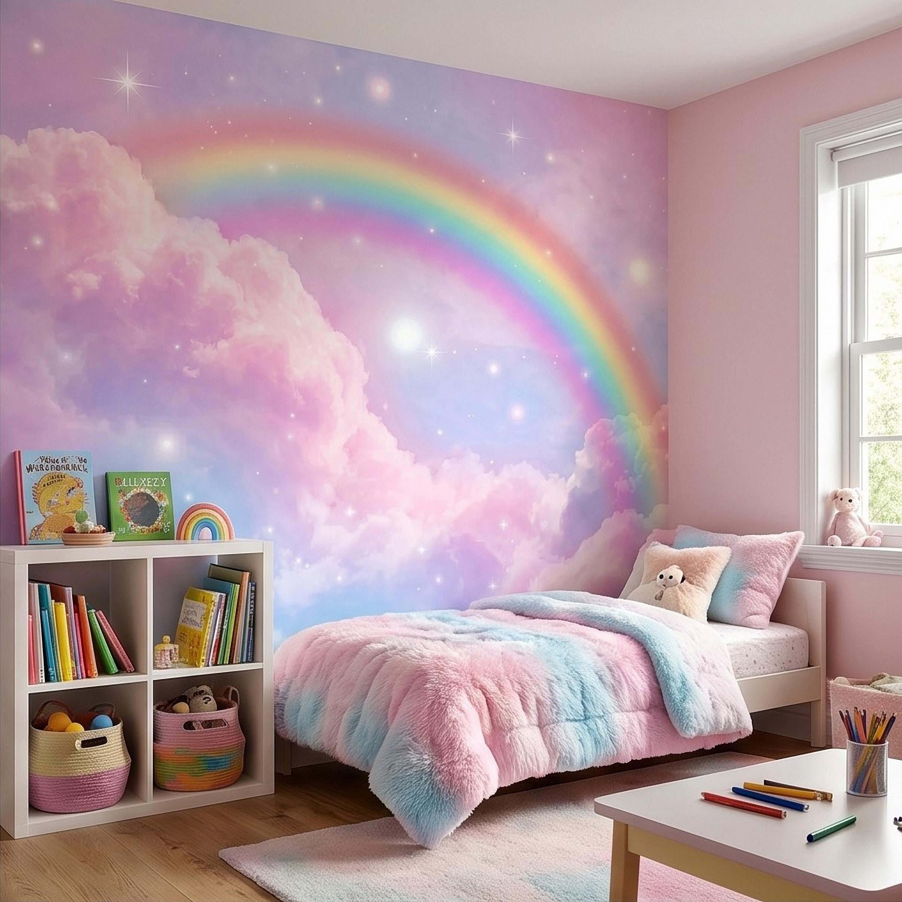 Pastel Rainbow Clouds Peel and Stick Wall Mural, Dreamy Pink Sky Scene, Magical Sparkling Stars, Whimsical Fantasy Wallpaper