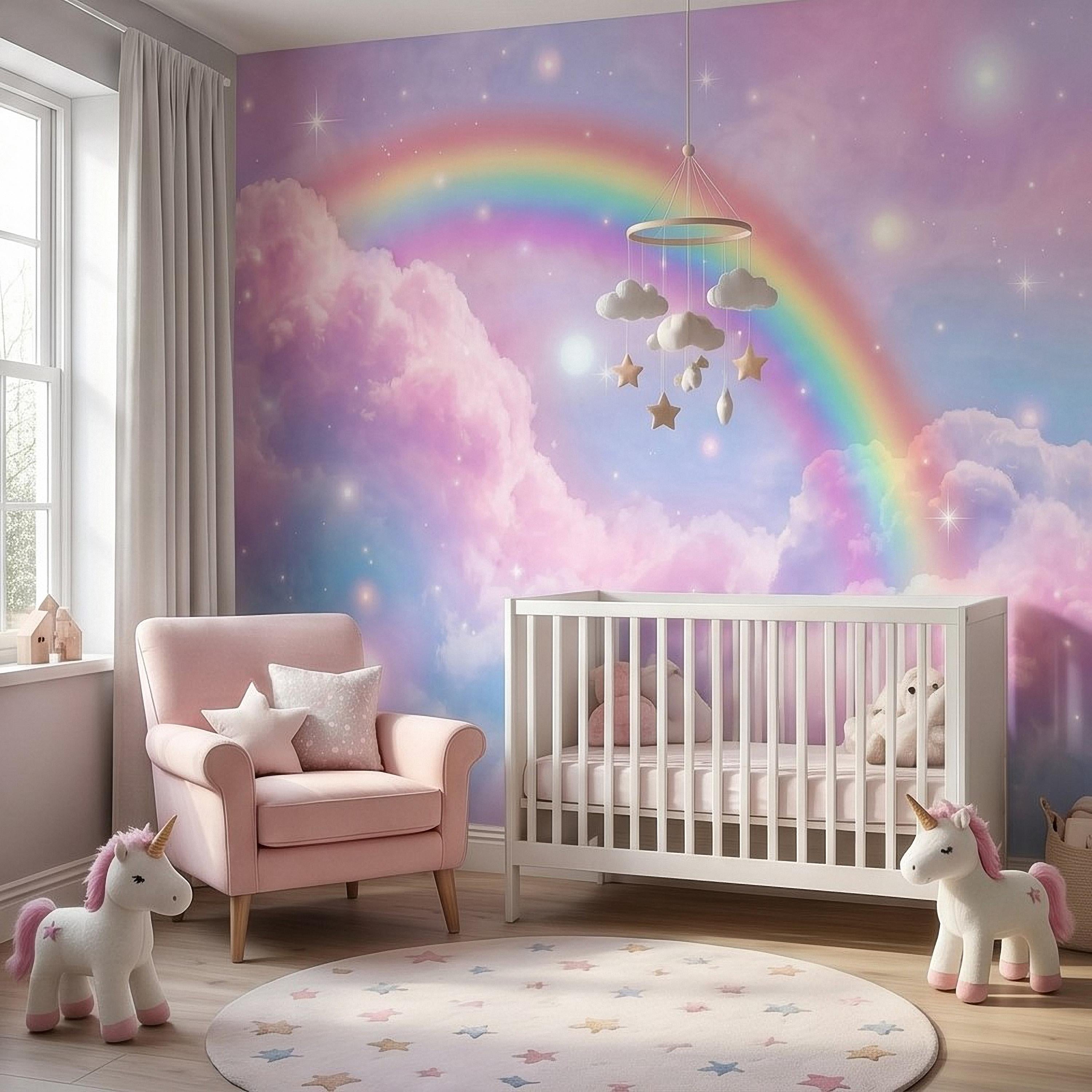 Pastel Rainbow Clouds Peel and Stick Wall Mural, Dreamy Pink Sky Scene, Magical Sparkling Stars, Whimsical Fantasy Wallpaper