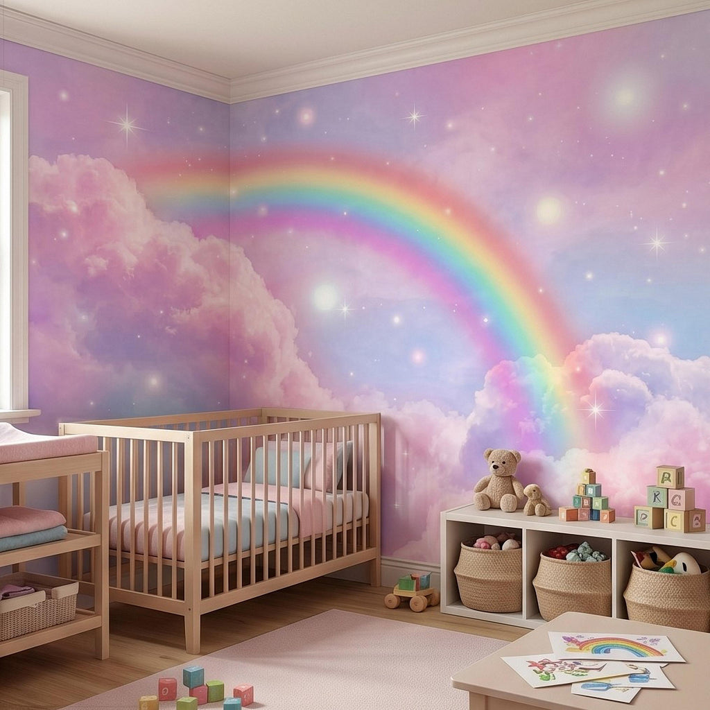 Pastel Rainbow Clouds Peel and Stick Wall Mural, Dreamy Pink Sky Scene, Magical Sparkling Stars, Whimsical Fantasy Wallpaper