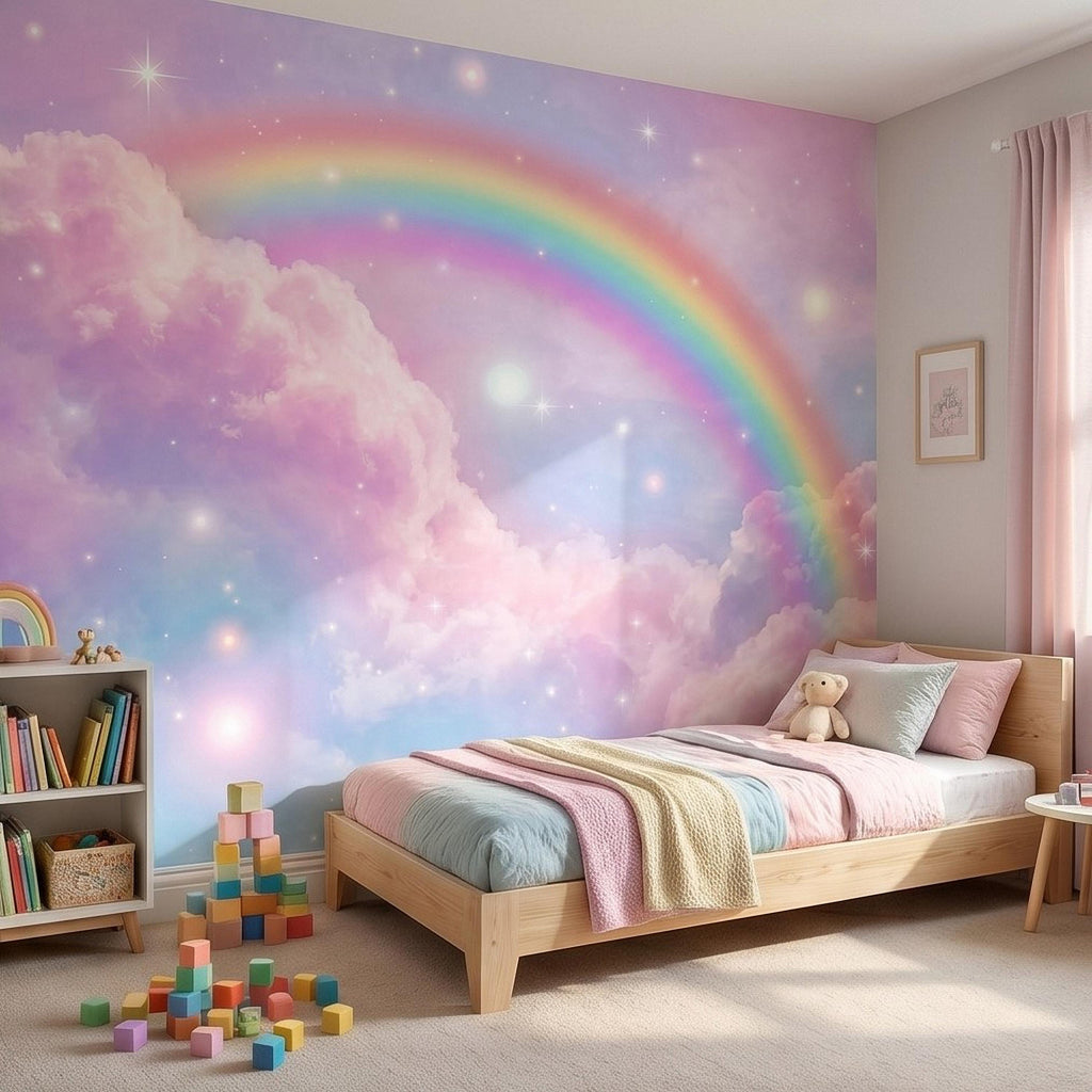 Pastel Rainbow Clouds Peel and Stick Wall Mural, Dreamy Pink Sky Scene, Magical Sparkling Stars, Whimsical Fantasy Wallpaper
