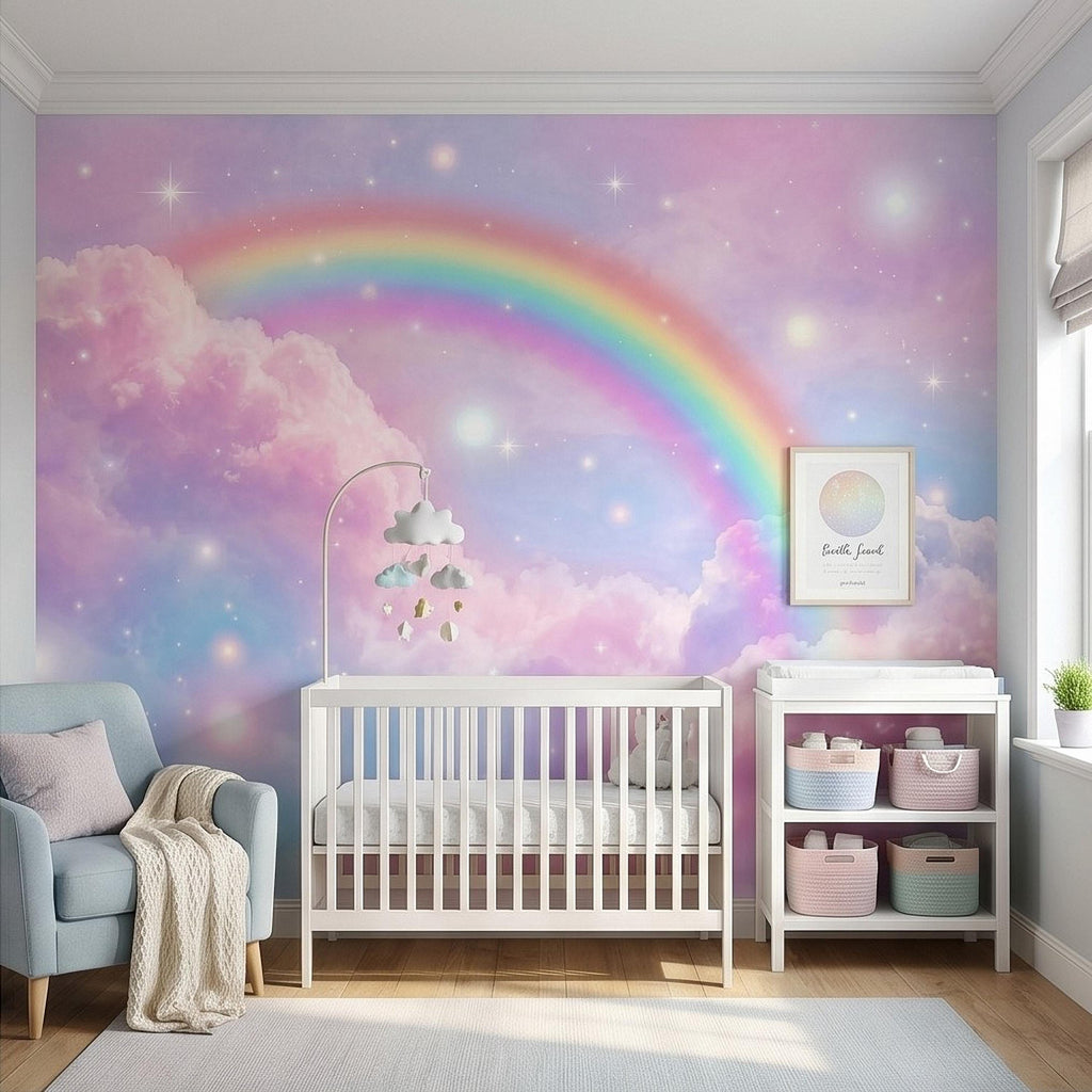 Pastel Rainbow Clouds Peel and Stick Wall Mural, Dreamy Pink Sky Scene, Magical Sparkling Stars, Whimsical Fantasy Wallpaper