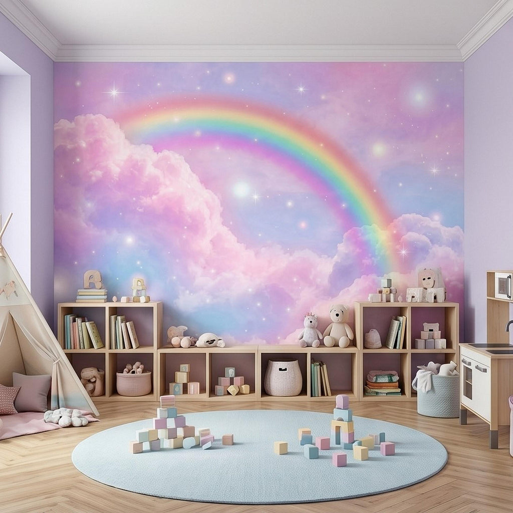 Pastel Rainbow Clouds Peel and Stick Wall Mural, Dreamy Pink Sky Scene, Magical Sparkling Stars, Whimsical Fantasy Wallpaper