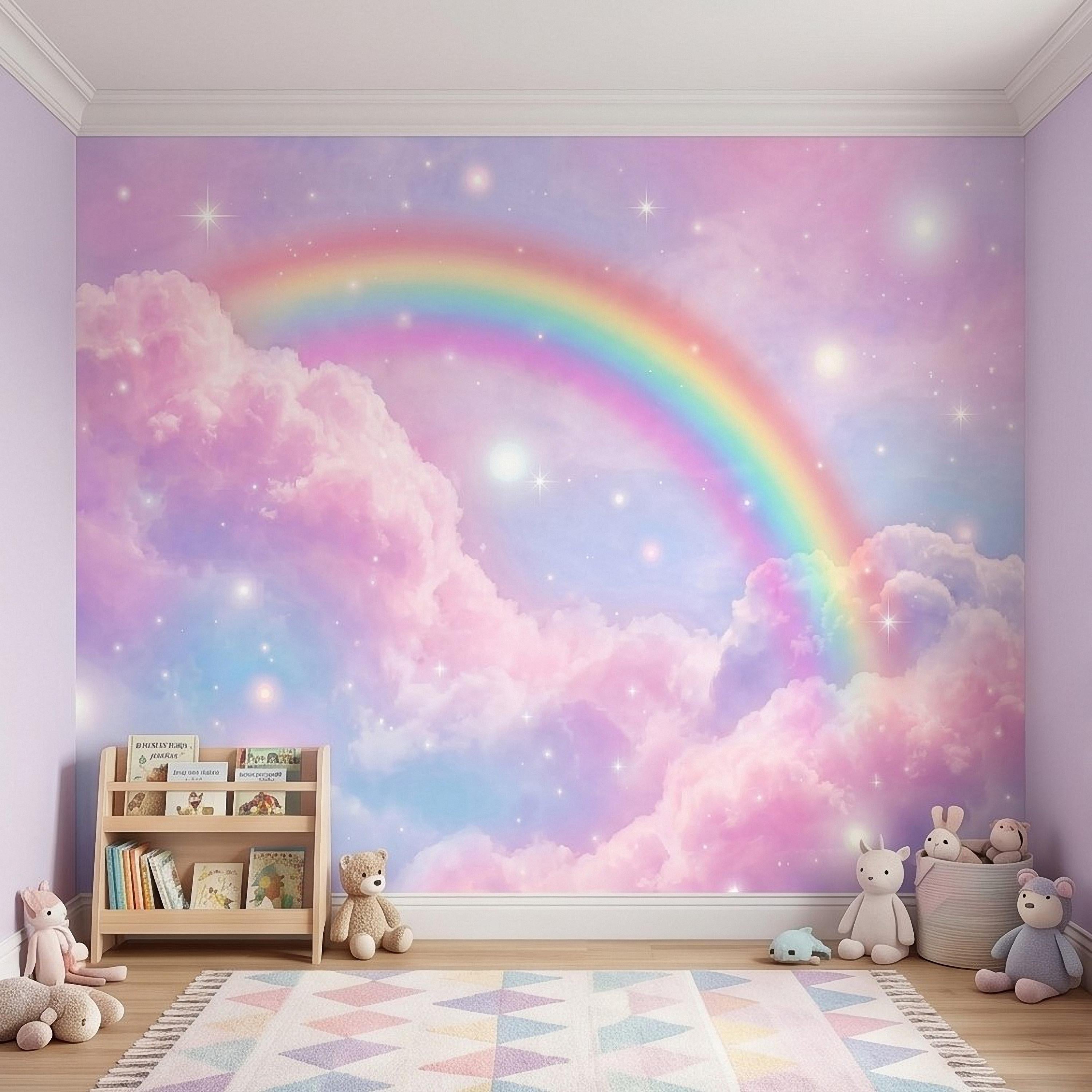 Pastel Rainbow Clouds Peel and Stick Wall Mural, Dreamy Pink Sky Scene, Magical Sparkling Stars, Whimsical Fantasy Wallpaper