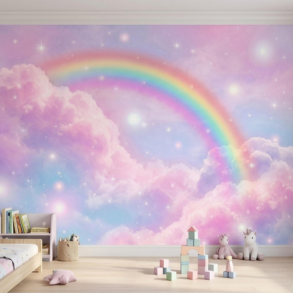 Pastel Rainbow Clouds Peel and Stick Wall Mural, Dreamy Pink Sky Scene, Magical Sparkling Stars, Whimsical Fantasy Wallpaper