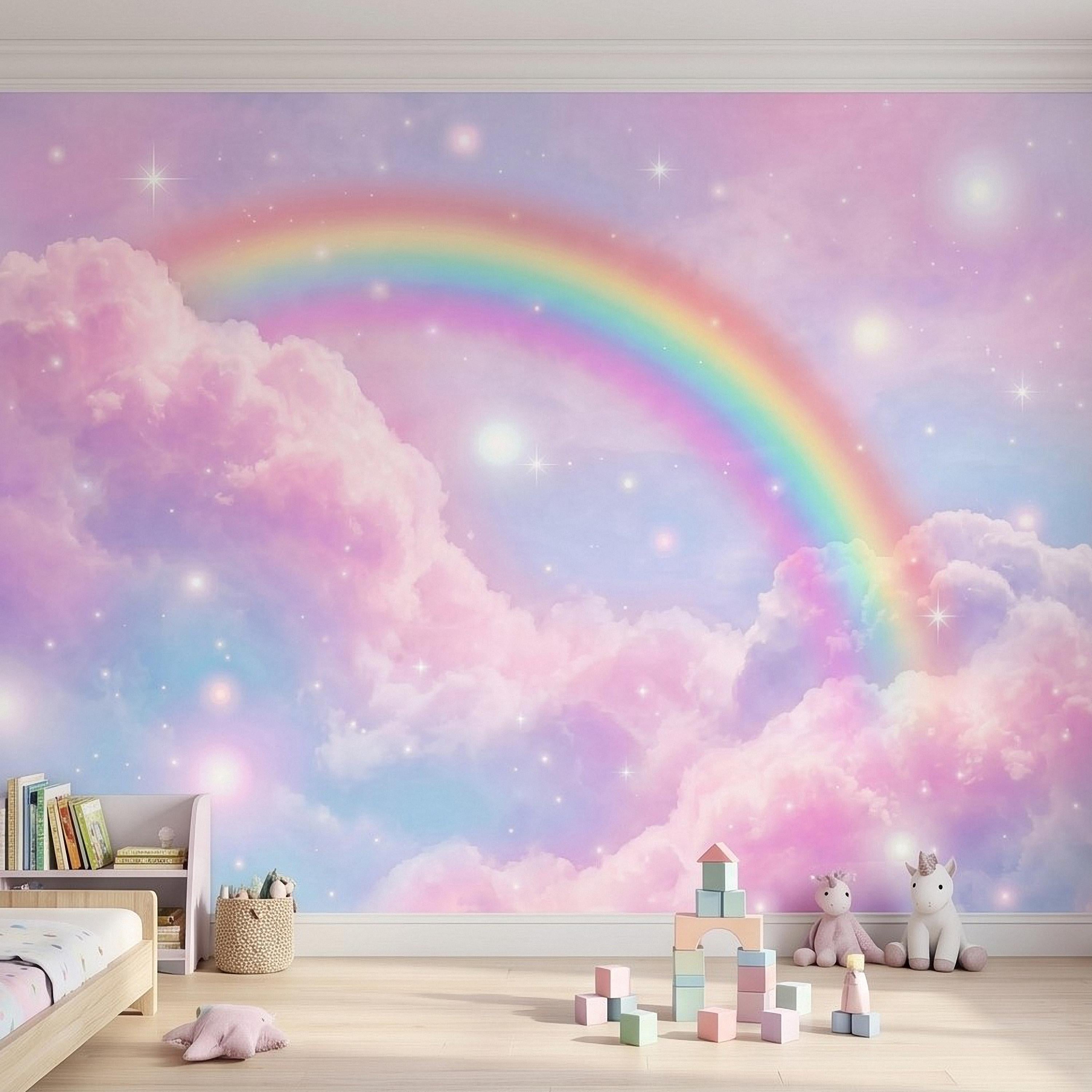 Pastel Rainbow Clouds Peel and Stick Wall Mural, Dreamy Pink Sky Scene, Magical Sparkling Stars, Whimsical Fantasy Wallpaper