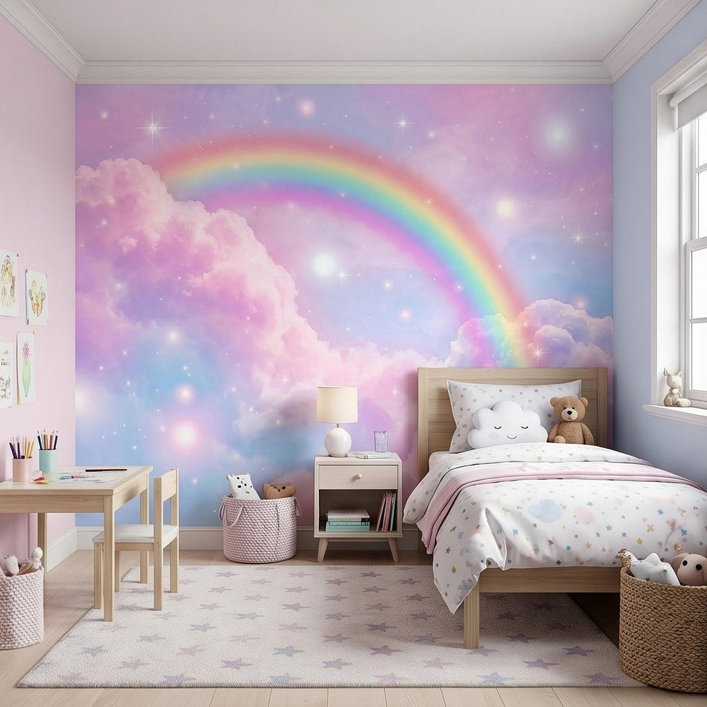 Pastel Rainbow Clouds Peel and Stick Wall Mural, Dreamy Pink Sky Scene, Magical Sparkling Stars, Whimsical Fantasy Wallpaper