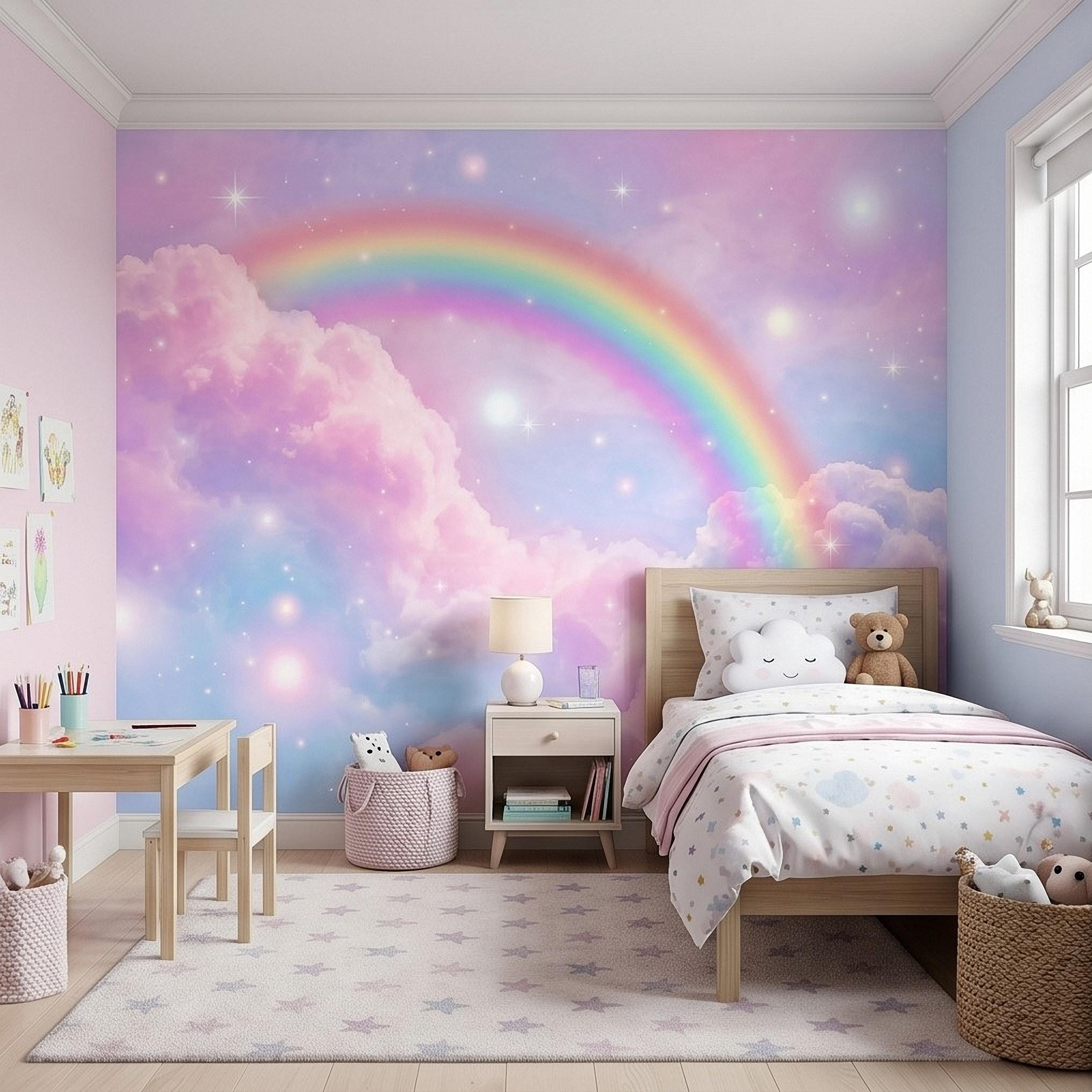 Pastel Rainbow Clouds Peel and Stick Wall Mural, Dreamy Pink Sky Scene, Magical Sparkling Stars, Whimsical Fantasy Wallpaper