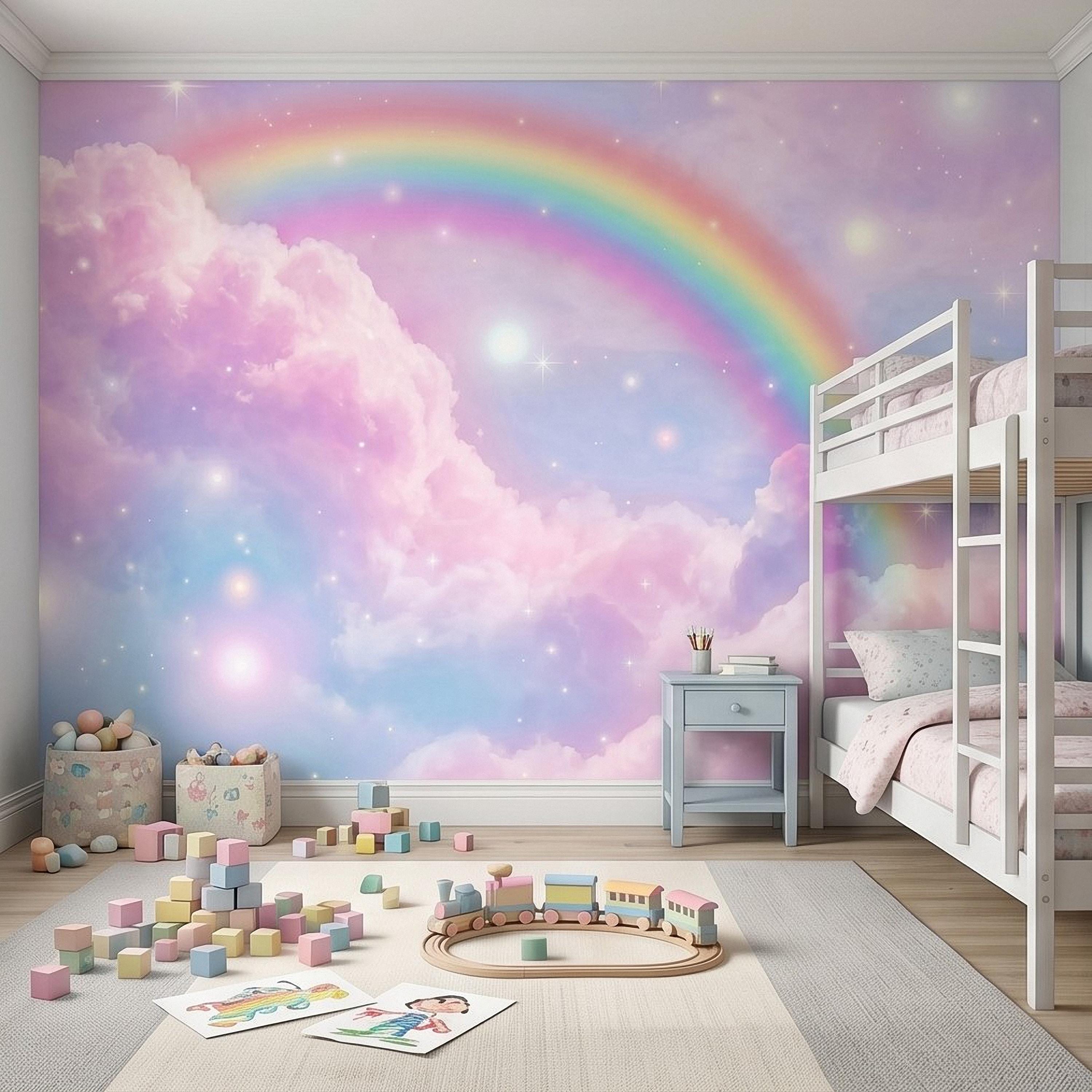 Pastel Rainbow Clouds Peel and Stick Wall Mural, Dreamy Pink Sky Scene, Magical Sparkling Stars, Whimsical Fantasy Wallpaper