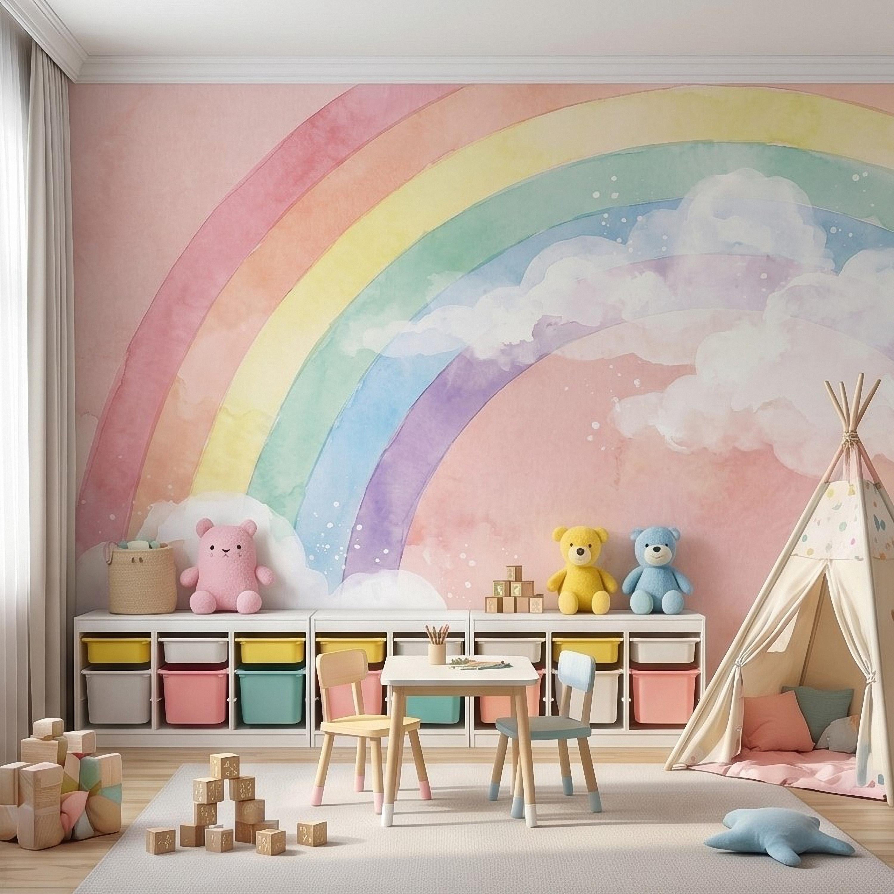 Pastel Rainbow Peel and Stick Wall Mural, Watercolor Pink Sky and Clouds, Soft Boho Nursery Girls Room Wallpaper