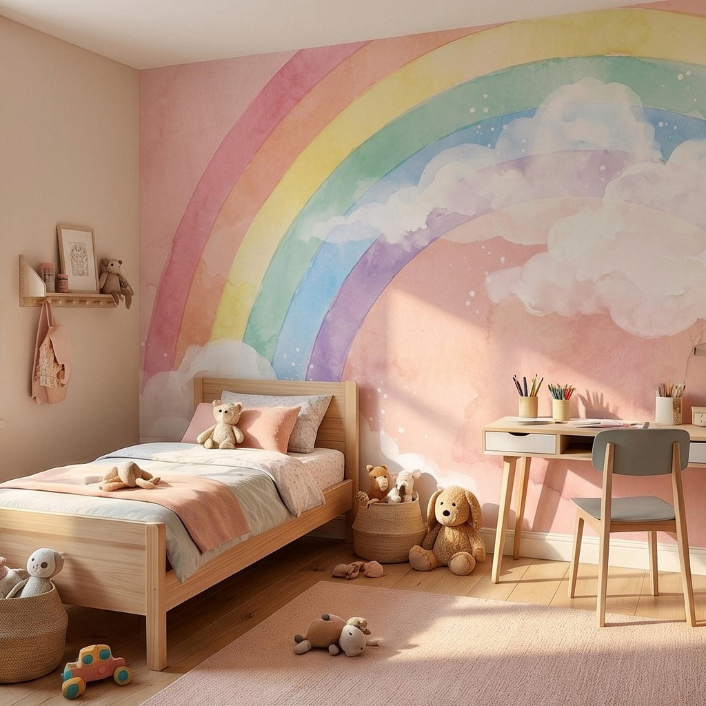 Pastel Rainbow Peel and Stick Wall Mural, Watercolor Pink Sky and Clouds, Soft Boho Nursery Girls Room Wallpaper