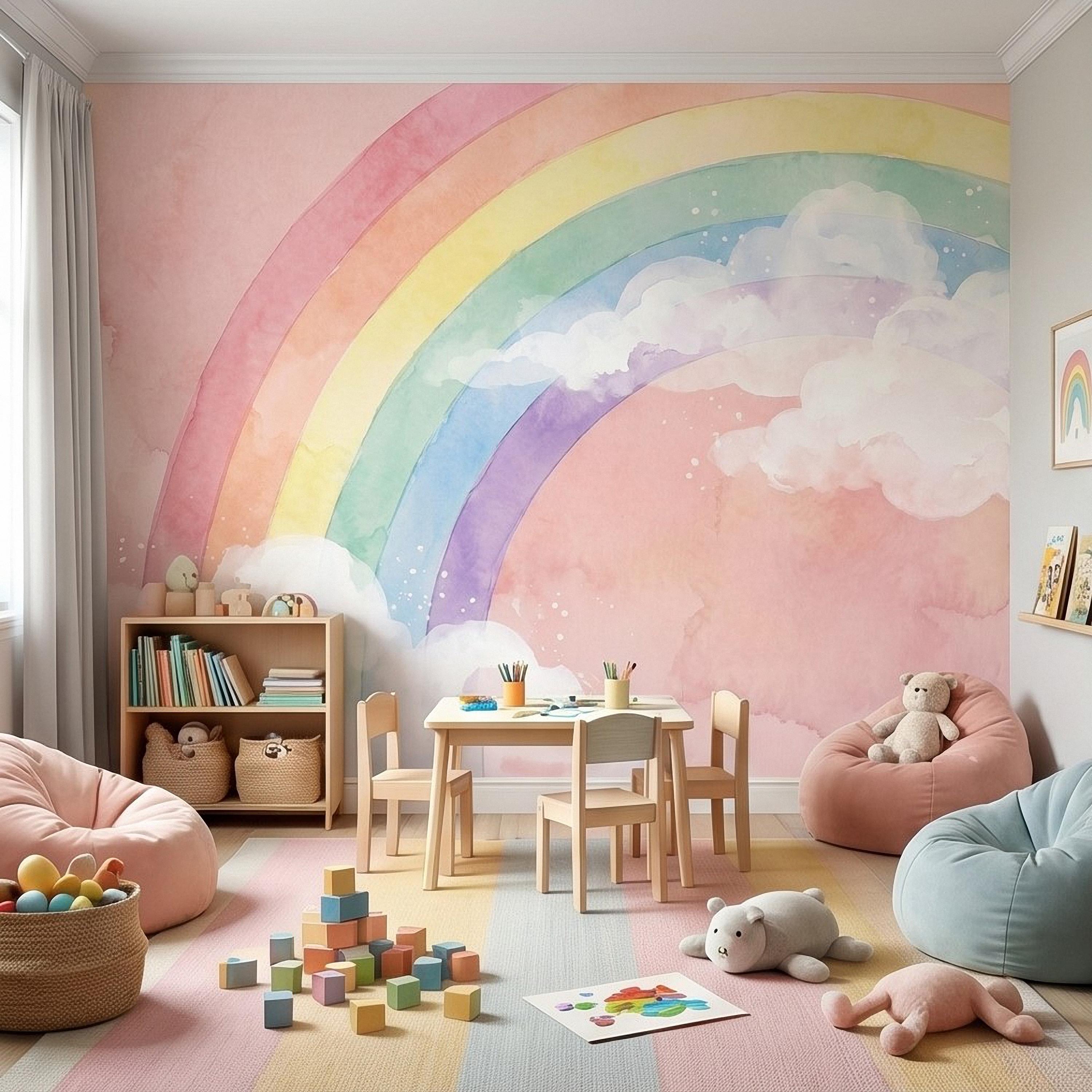 Pastel Rainbow Peel and Stick Wall Mural, Watercolor Pink Sky and Clouds, Soft Boho Nursery Girls Room Wallpaper