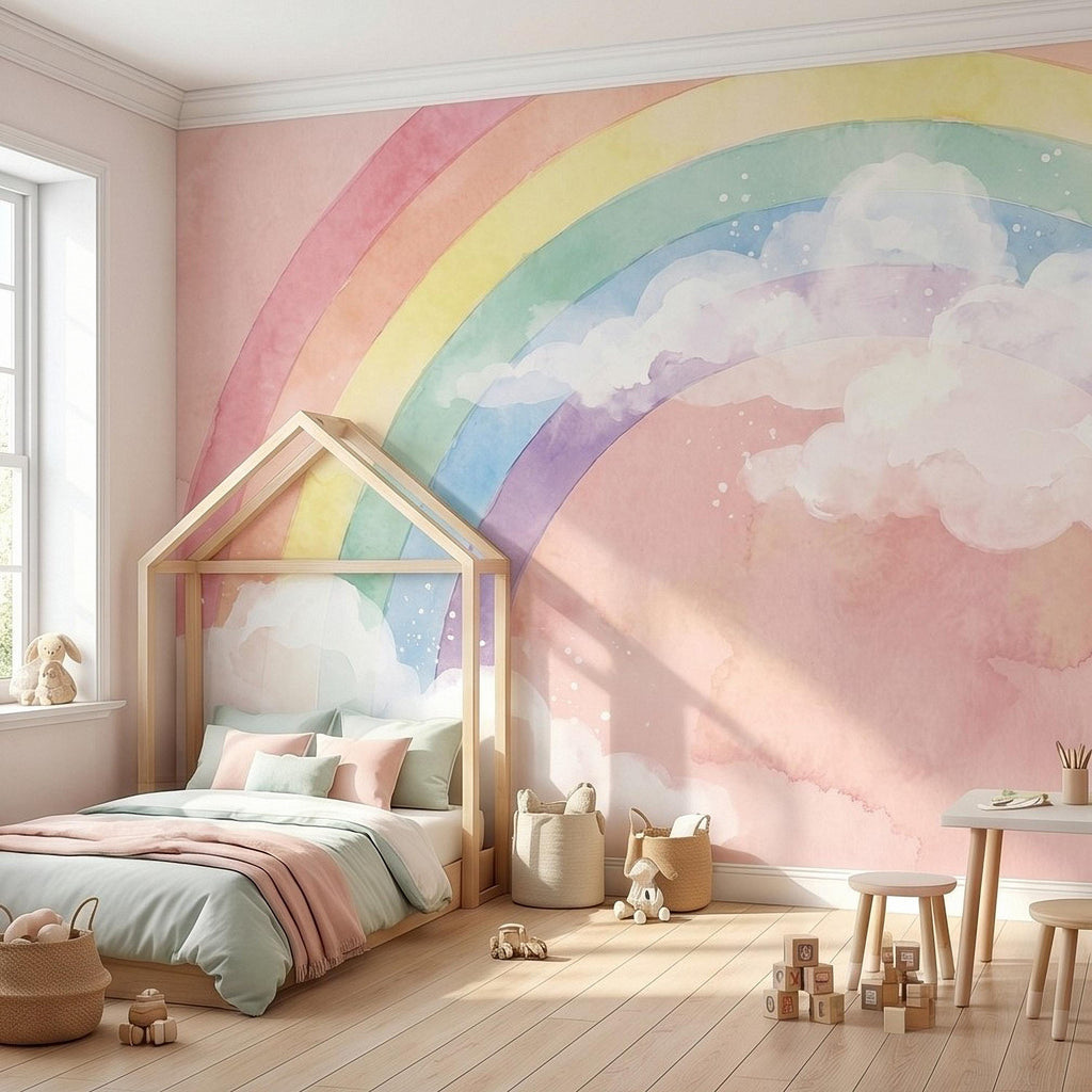 Pastel Rainbow Peel and Stick Wall Mural, Watercolor Pink Sky and Clouds, Soft Boho Nursery Girls Room Wallpaper