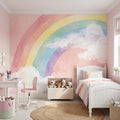 Pastel Rainbow Peel and Stick Wall Mural, Watercolor Pink Sky and Clouds, Soft Boho Nursery Girls Room Wallpaper