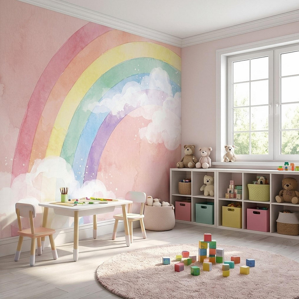 Pastel Rainbow Peel and Stick Wall Mural, Watercolor Pink Sky and Clouds, Soft Boho Nursery Girls Room Wallpaper