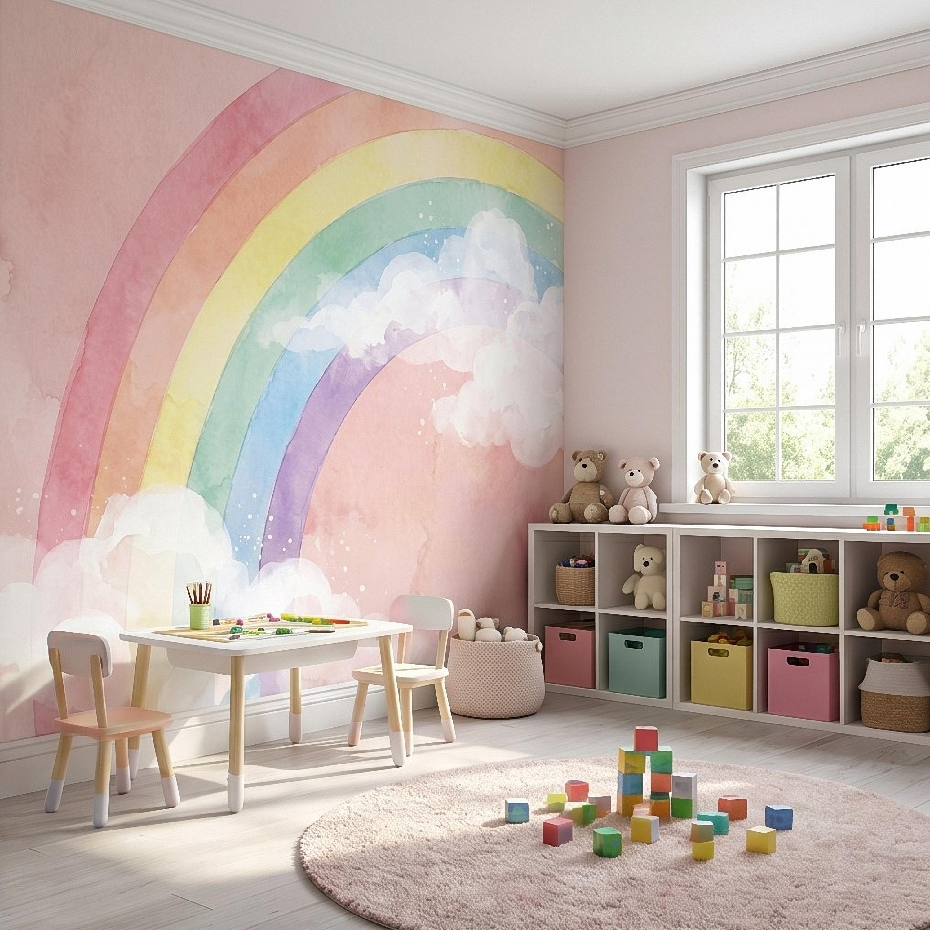 Pastel Rainbow Peel and Stick Wall Mural, Watercolor Pink Sky and Clouds, Soft Boho Nursery Girls Room Wallpaper