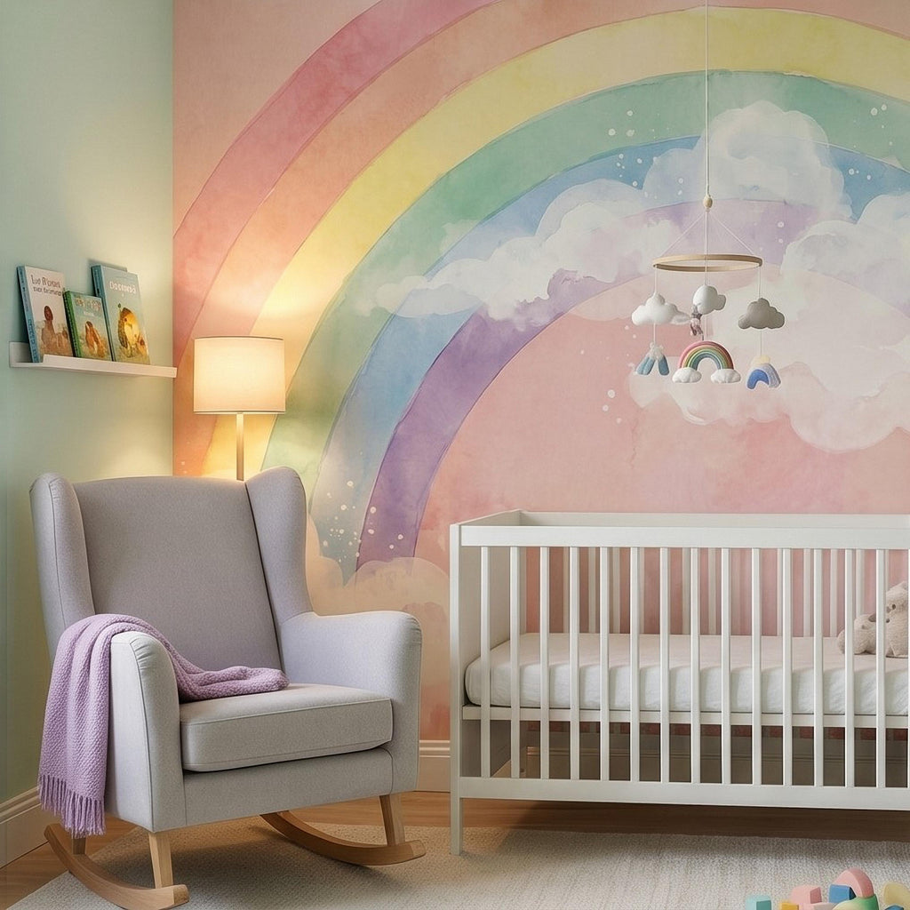 Pastel Rainbow Peel and Stick Wall Mural, Watercolor Pink Sky and Clouds, Soft Boho Nursery Girls Room Wallpaper