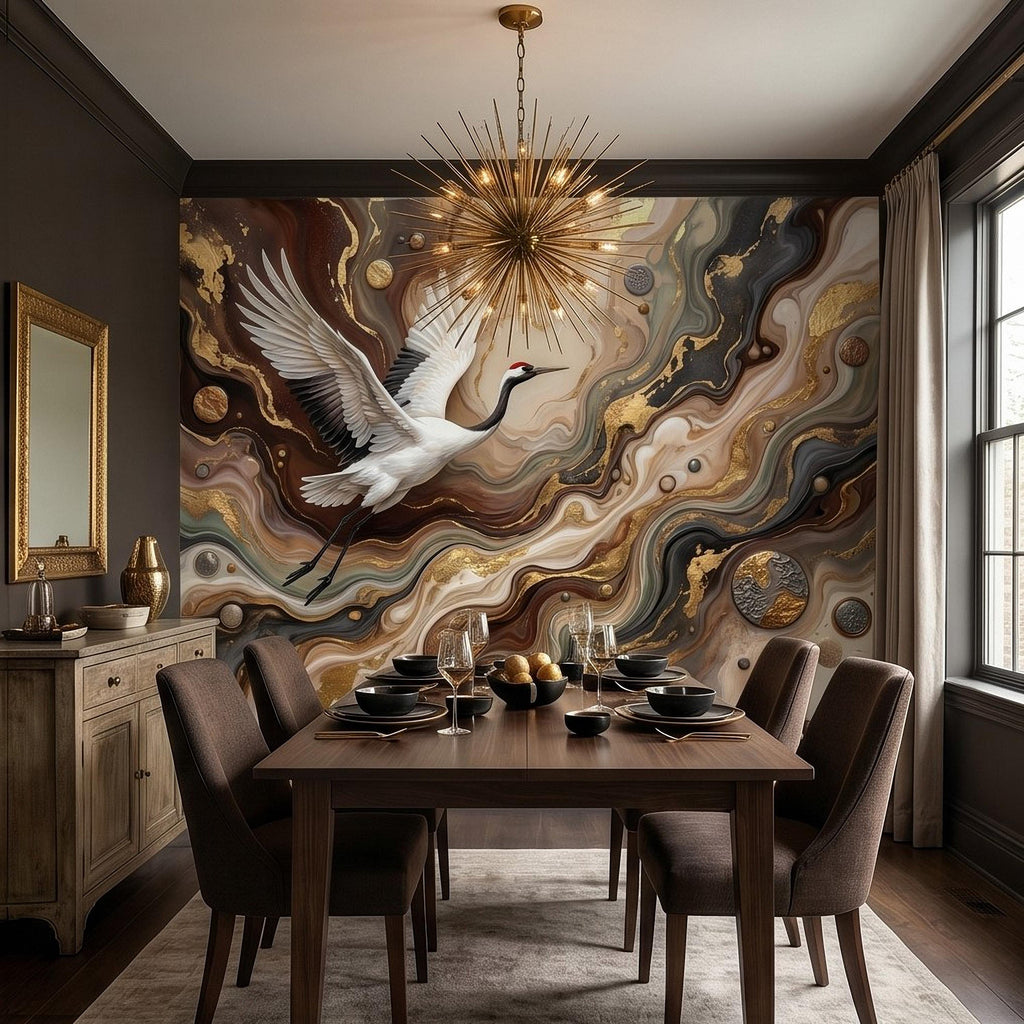Japanese Crane Peel and Stick Wall Mural, Luxury Gold Marble Abstract Art, Elegant Flying Bird Scene, Modern Asian Wallpaper