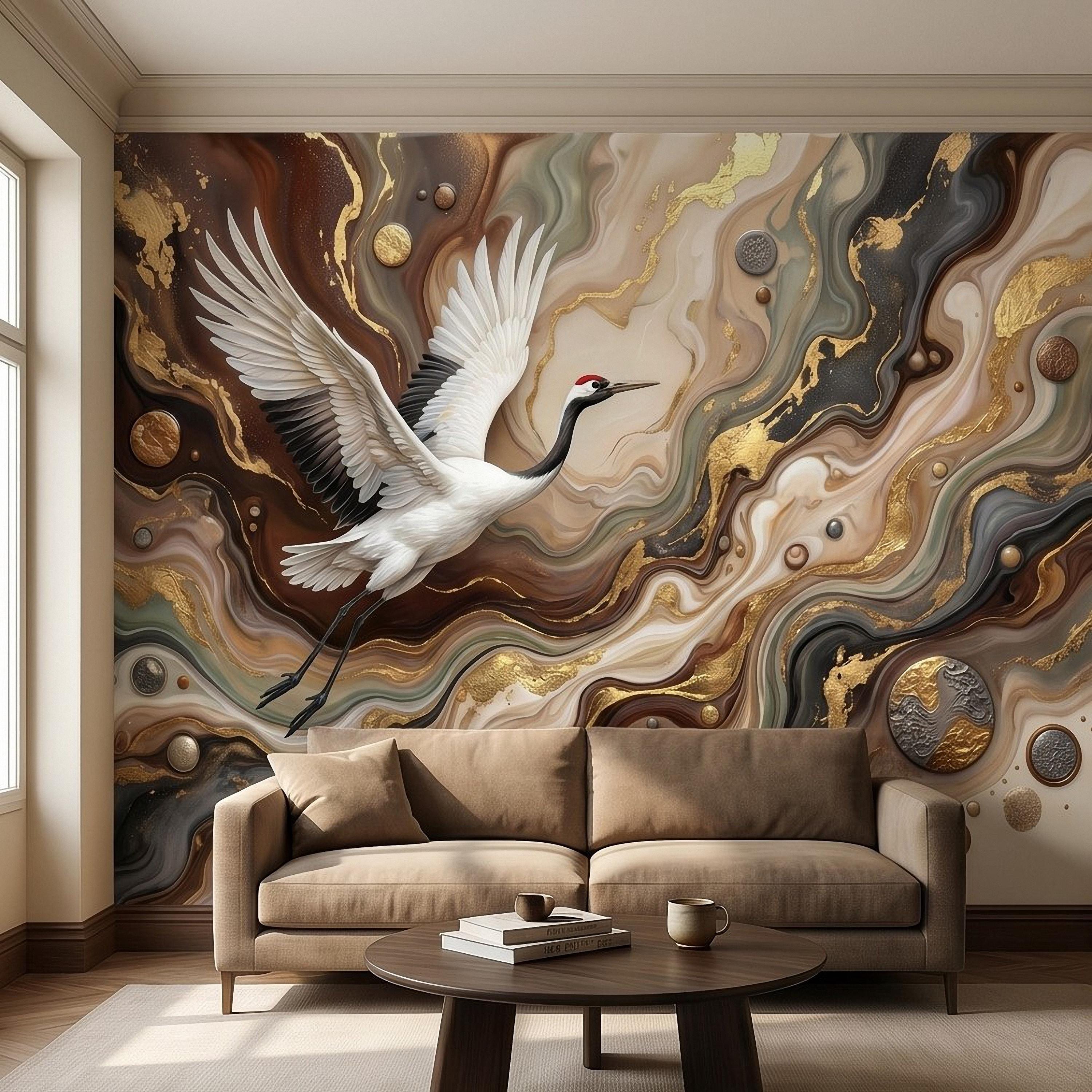 Japanese Crane Peel and Stick Wall Mural, Luxury Gold Marble Abstract Art, Elegant Flying Bird Scene, Modern Asian Wallpaper